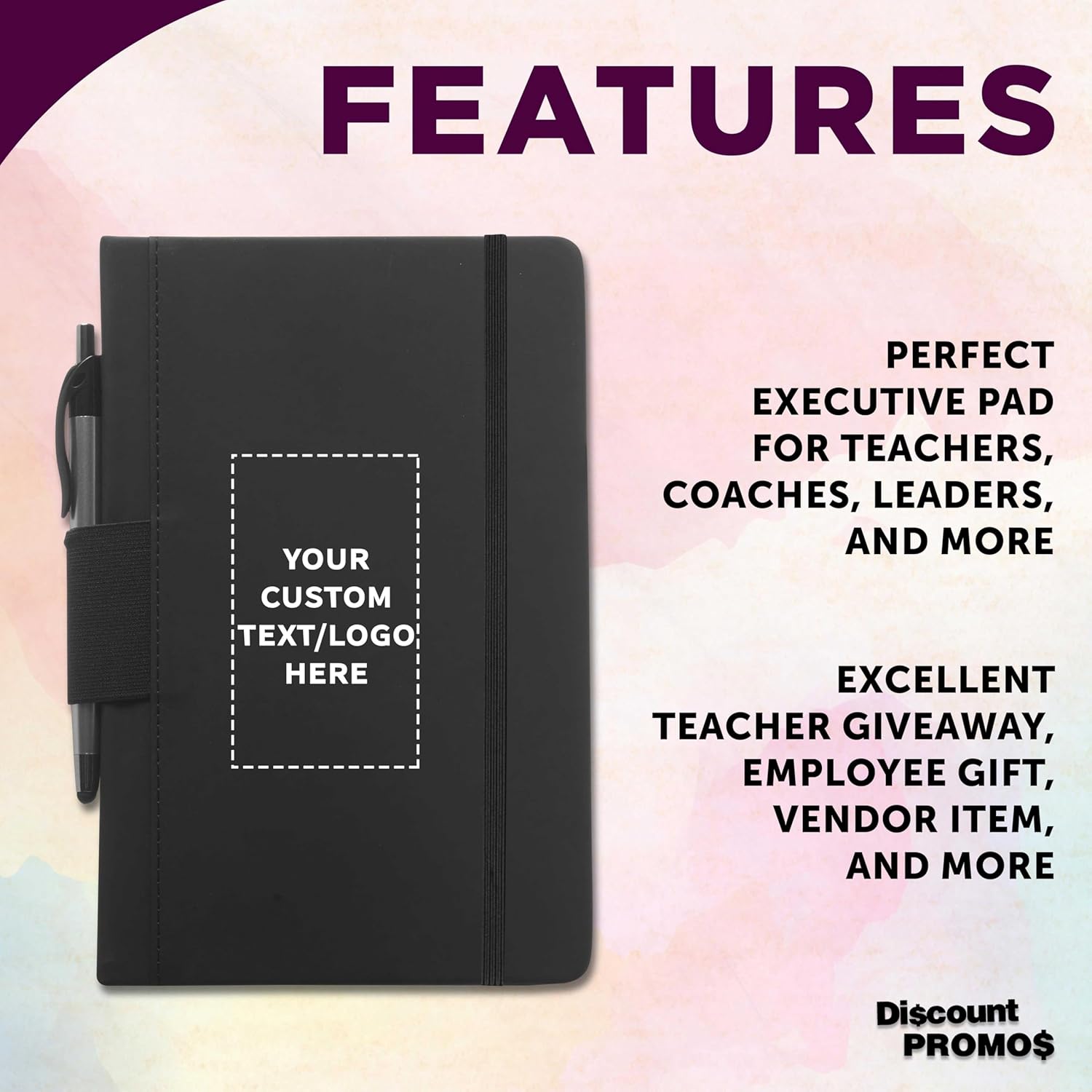 DISCOUNT PROMOS Custom Executive Notebooks with Pen Pack of 10/50/100 Personalized Text, Logo - 6 x 8.5 inches, Recycled, Pen Loop, Closure Strap - Black