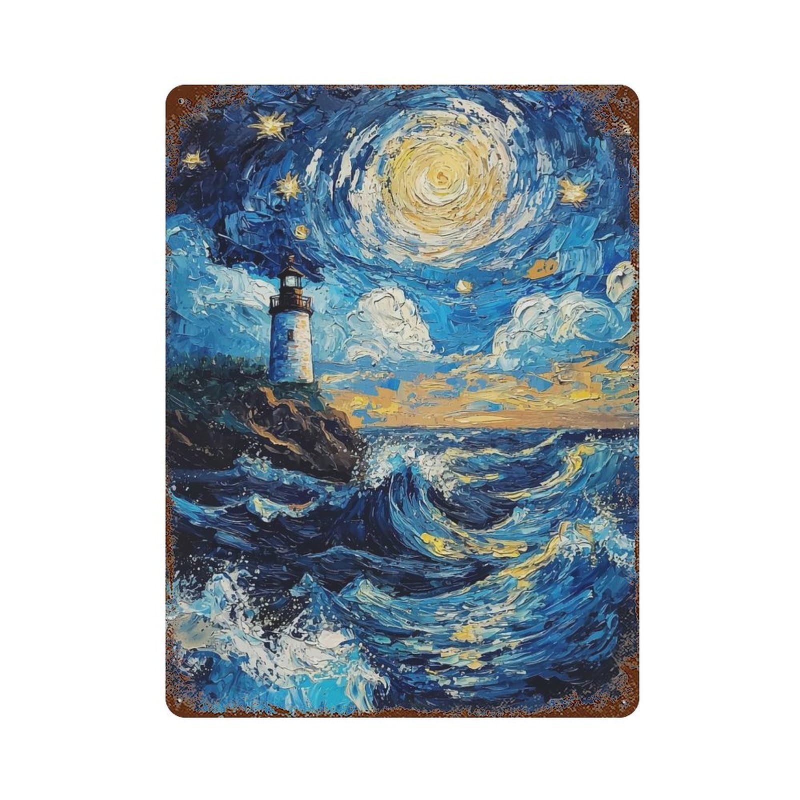 Lighthouse Under Starry Sky Rusty Metal Tin Sign 15.7"x11.8", for Basement, Hobby Room And Garage Decor, Retro Wall Decor