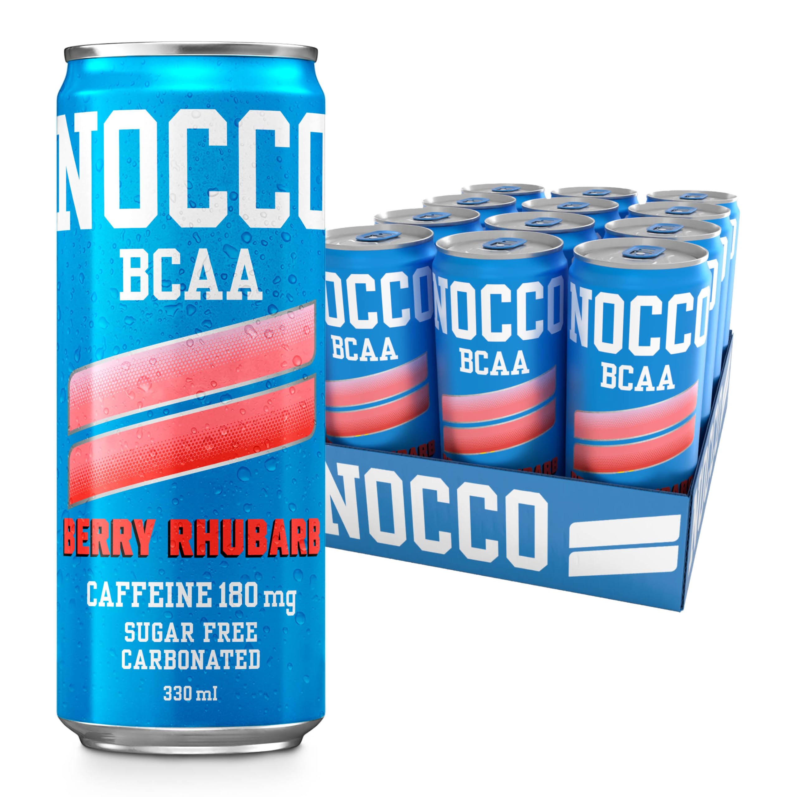 NOCCO Sugar Free Energy Drink – 180mg High Caffeine, Enriched with Amino Acids & Vitamins, Ideal for Pre Workout – 12 x 330ml (Berry Rhubarb)
