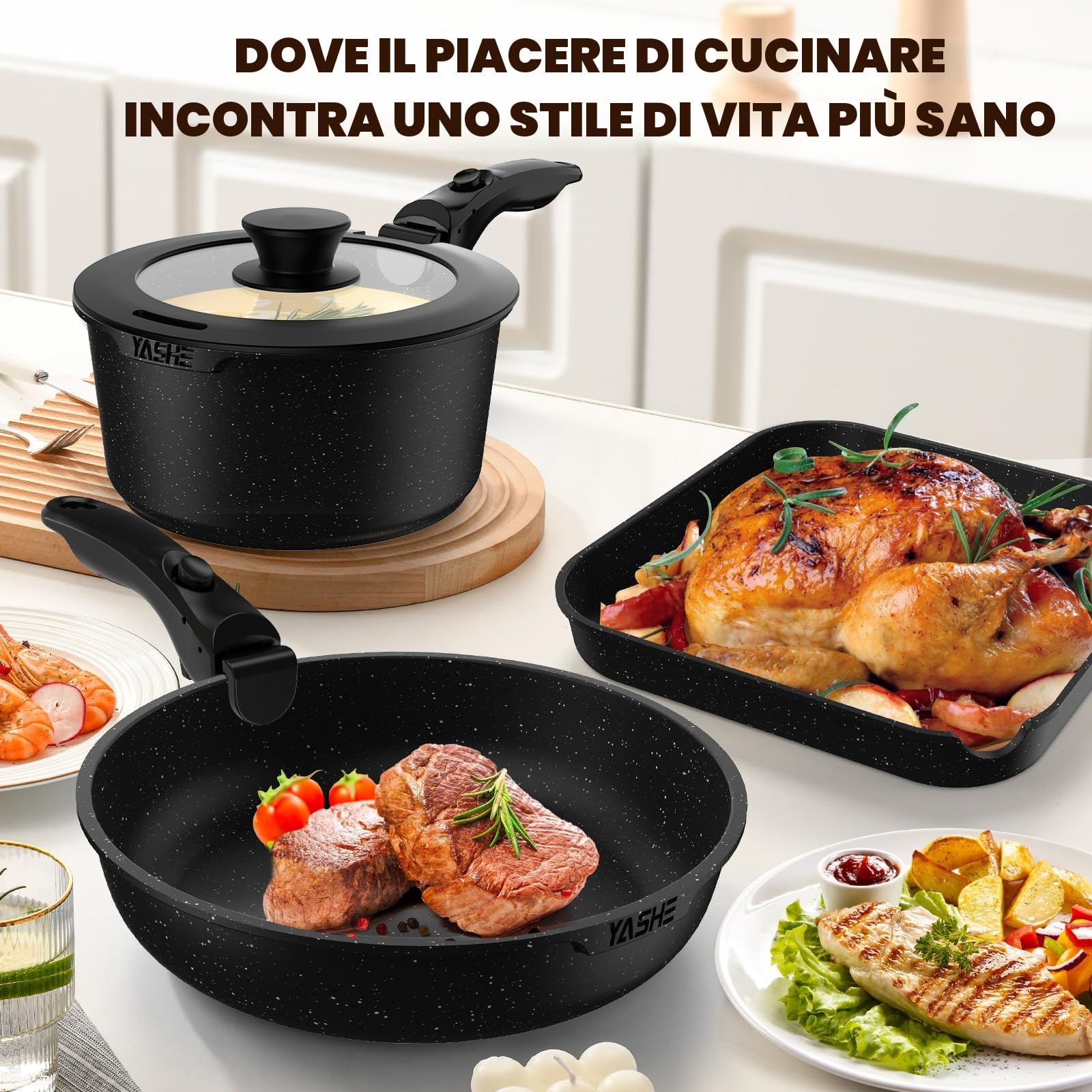 YASHE Set di pentole e padelle da 21 pezzi con manici staccabili – antiaderente, compatibile con induzione, lavabile in lavastoviglie, impilabile