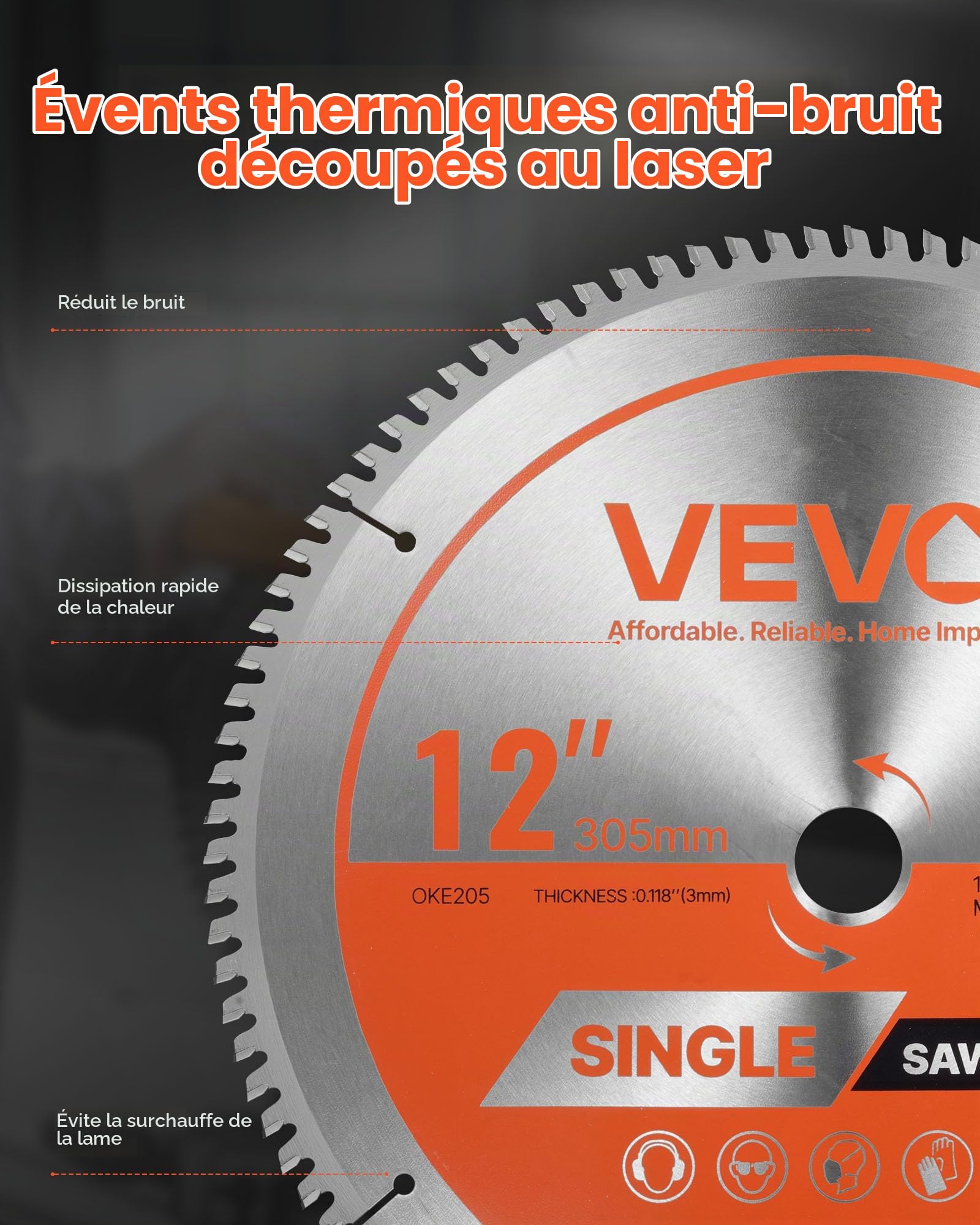 VEVOR Lame de scie circulaire, Ø 305 mm, lame de coupe pour scie circulaire, 100 dents alliage, arbre 25,4 mm, finition soignée, avec évents de chauffage antibruit, pour couper aluminium, acier, métal