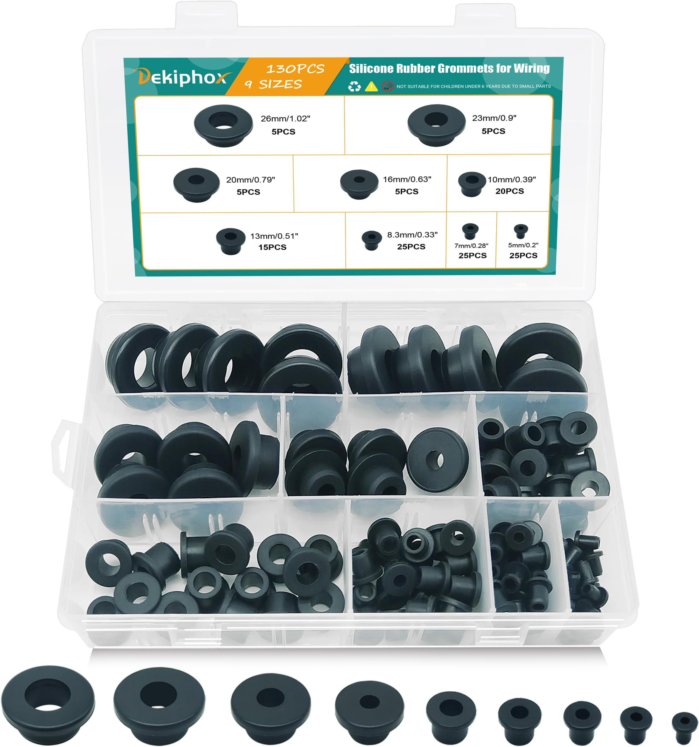 130PCS Silicone Rubber Grommets for Wiring, Black Top Hat Rubber Grommet Assortment Kit, 9 Sizes Round Hole Rubber Wire Grommets for Automotive, Vinyl Tubing in Hydroponic and Irrigation Systems