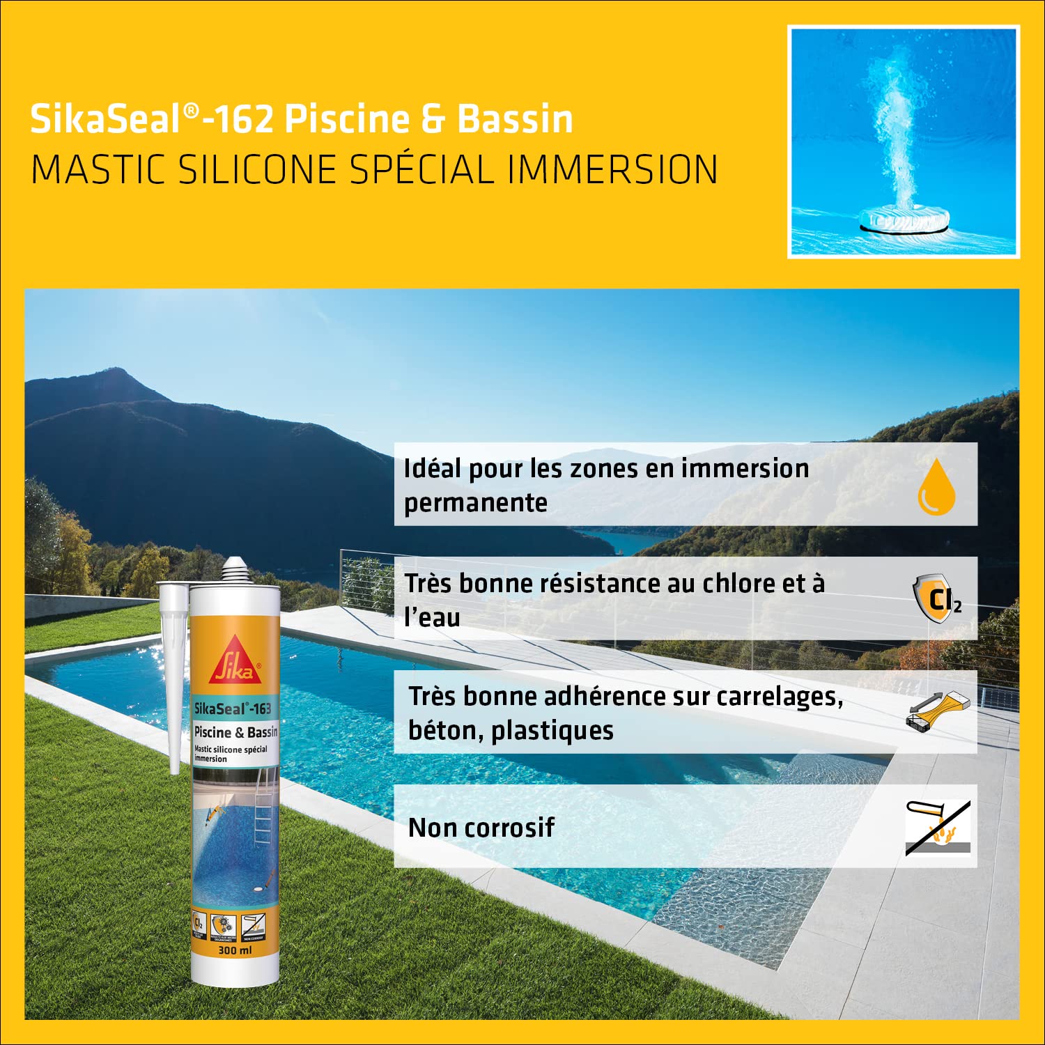 SIKA - Silicone Piscine et Bassin - SikaSeal-163 - Transparent - 12x300ml | Joints de piscines et zones immergées - Résistant au Chlore