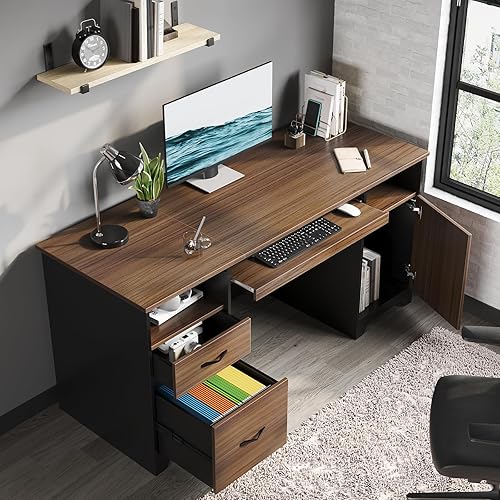 Miniatura 8 de Bestier - Escritorio ejecutivo de 59" con 2 cajones, escritorio para computadora con gabinete de almacenamiento, escritorio de madera industrial con