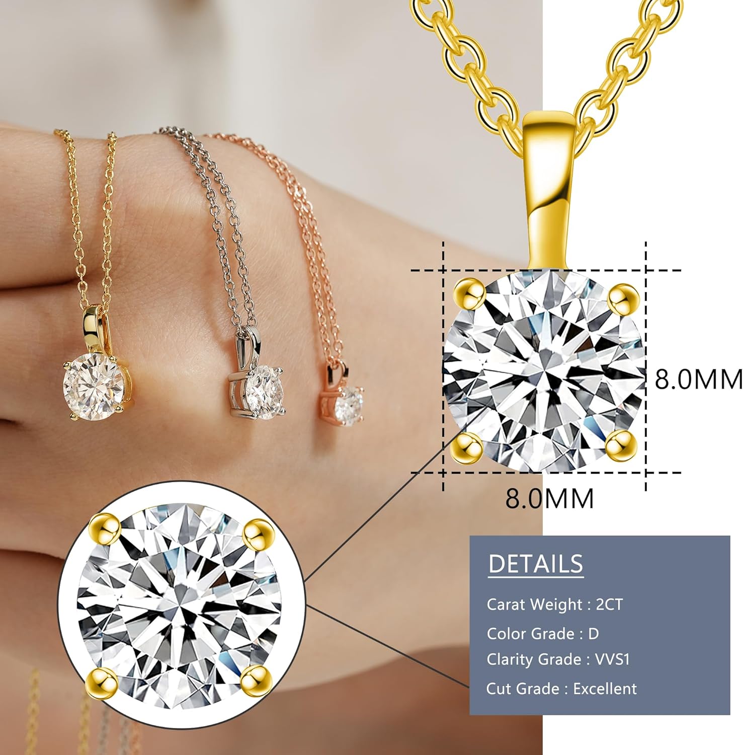 925 Sterling Silver Necklace for Women, 1ct 6.5mm D Colorless Moissanite Necklace Round Brilliant Cut Solitaire Pendant Necklace Gold Plated Classic 4 Prong 18 Inch Chain Necklace - Image 4