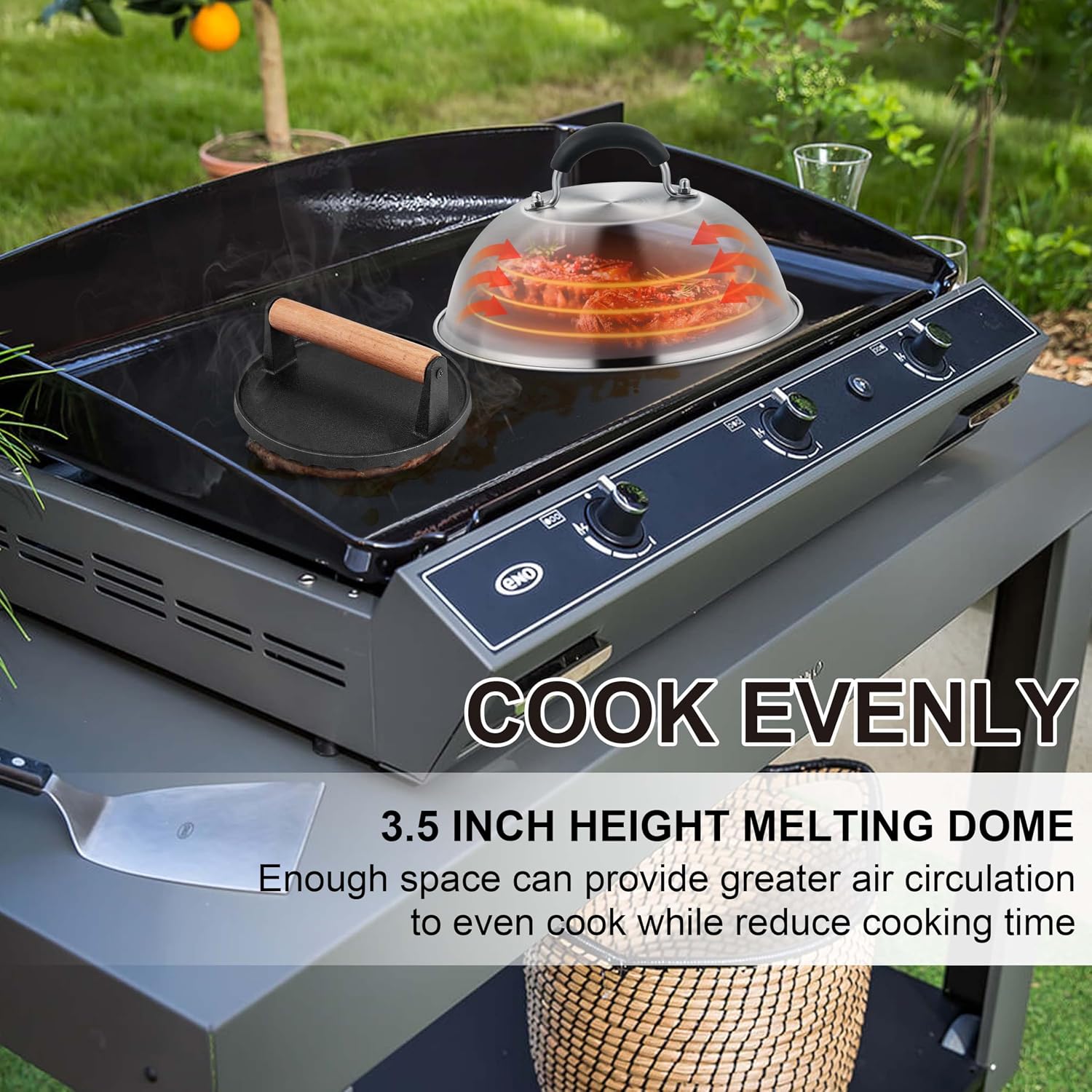 9 Inch Griddle Basting Cover & Burger Grill Press Kit, Joyfair Stainless Steel Cheese Melting Dome with Cast Iron Bacon Patty Press for Outdoor Flattop BBQ Grilling, Heavy Gauge Material (Round)