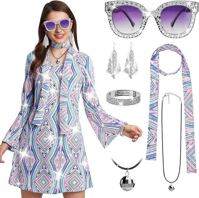 Gerophor 70's Disco Dress Costume Hippie Clothes Accessories Jewelry 70s Outfit Women Disco Uutfits for Women for Halloween