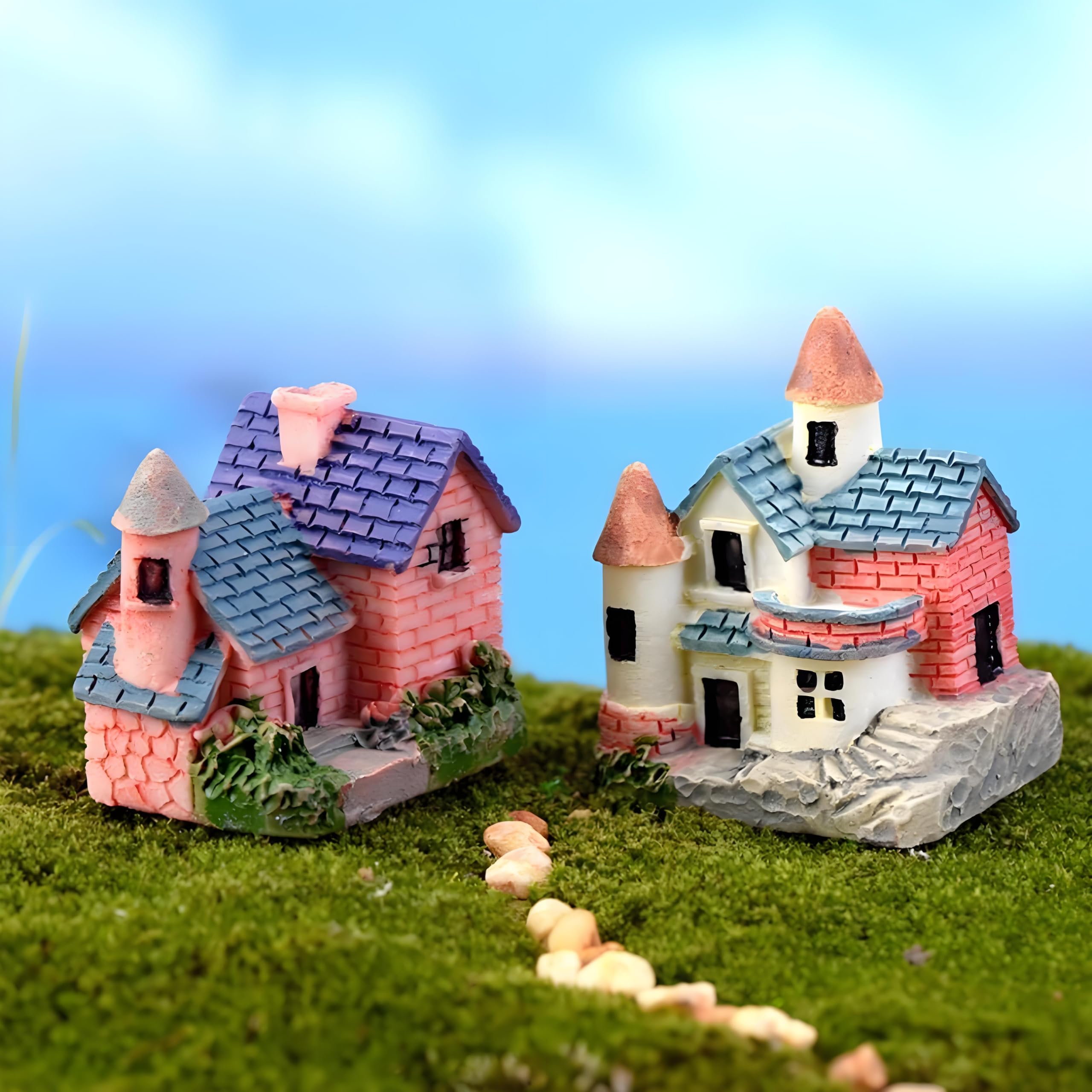 Photo 1 of 2-Pack Mini Resin Fairy House Set - DIY Enchanted Cottage Decor for Terrariums/Bonsai/Dollhouses, Whimsical Yard and Desk Ornaments (Castle Design, Indoor/Outdoor Use)