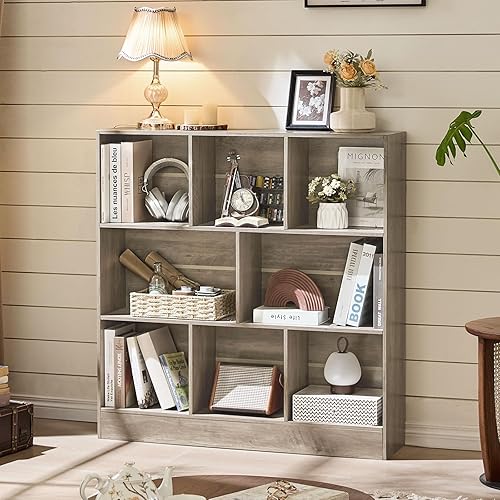 Miniatura 28 de LEYAOYAO Estantería de 10 cubos, estantería ancha moderna de 3 niveles con patas, estantería de madera de mediados de siglo, estuche grande rosa,