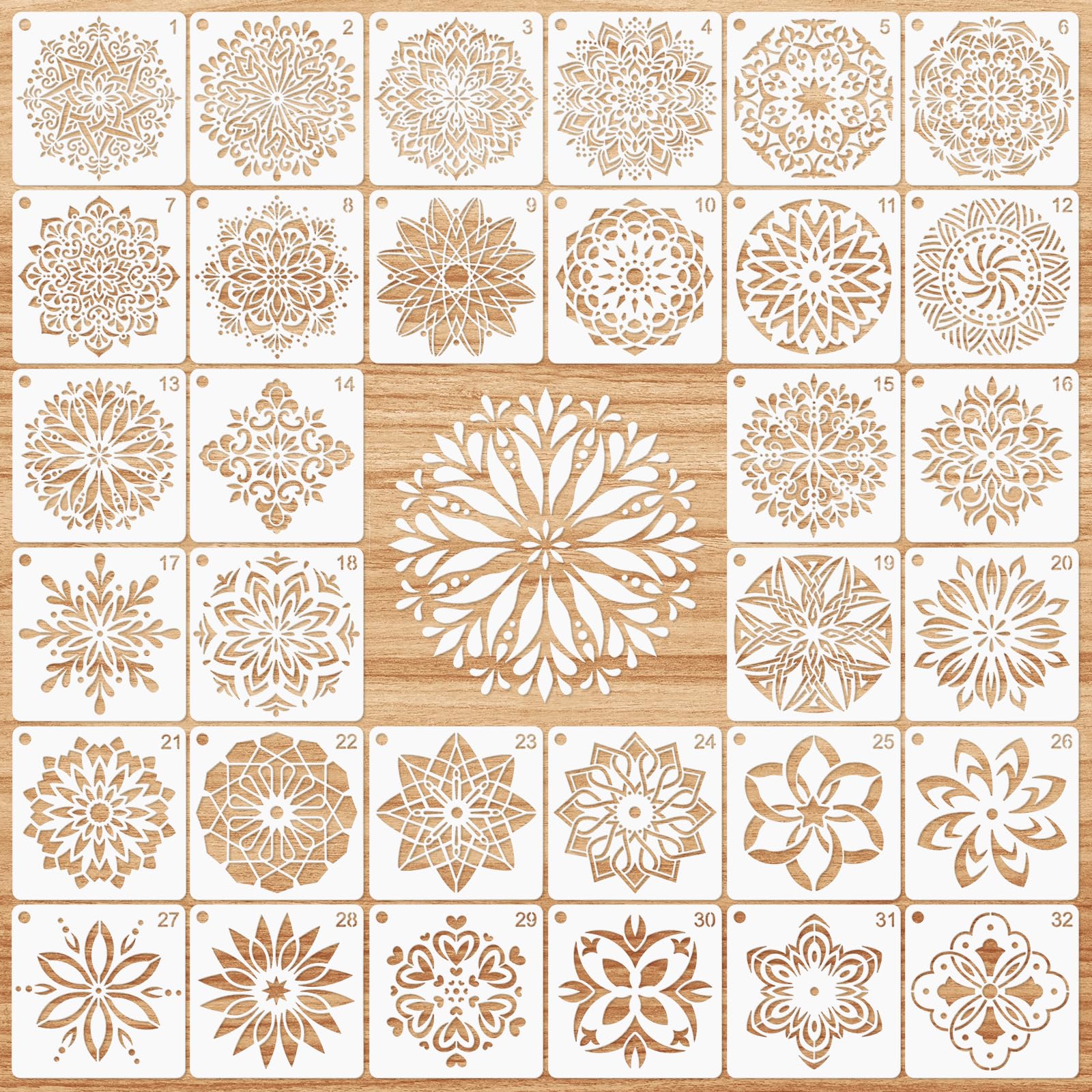 MWOOT 32-teiliges Mandala Schablonen-Set – 12x12 Cm, Wiederverwendbare Malvorlagen Für Steine & Leinwand