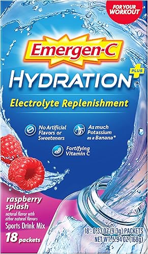 Emergen-C Hydration - Mezcla de bebidas deportivas con vitamina C 18 unidades sabor a frambuesa reposición de electrolitos paquetes de polvo de 033