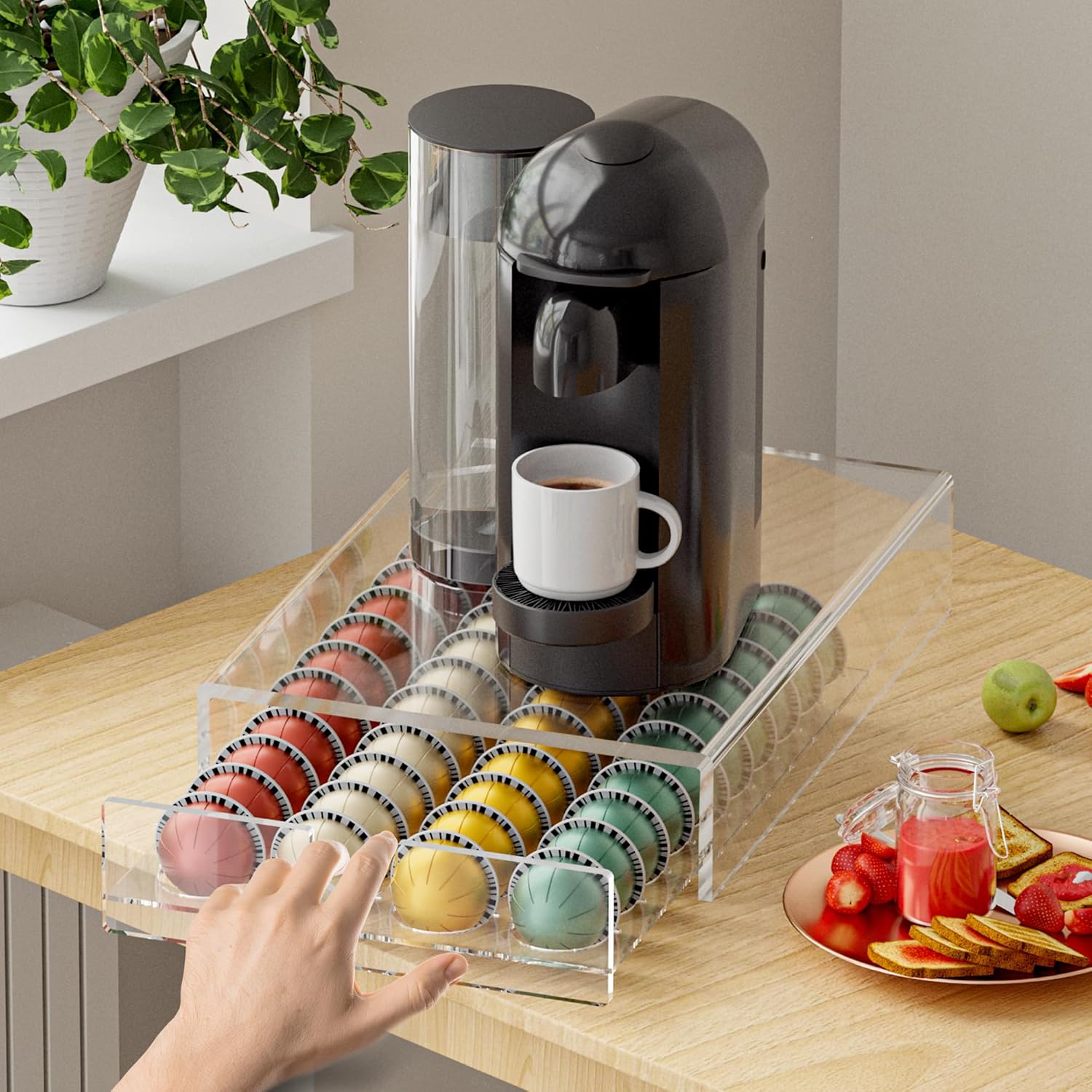 Acrylic Coffee Pod Organizer for Nespresso Vertuo Pod Holder 40 Pods Clear Vertuo Pod Storage Drawer (1 Tier) (Clear)