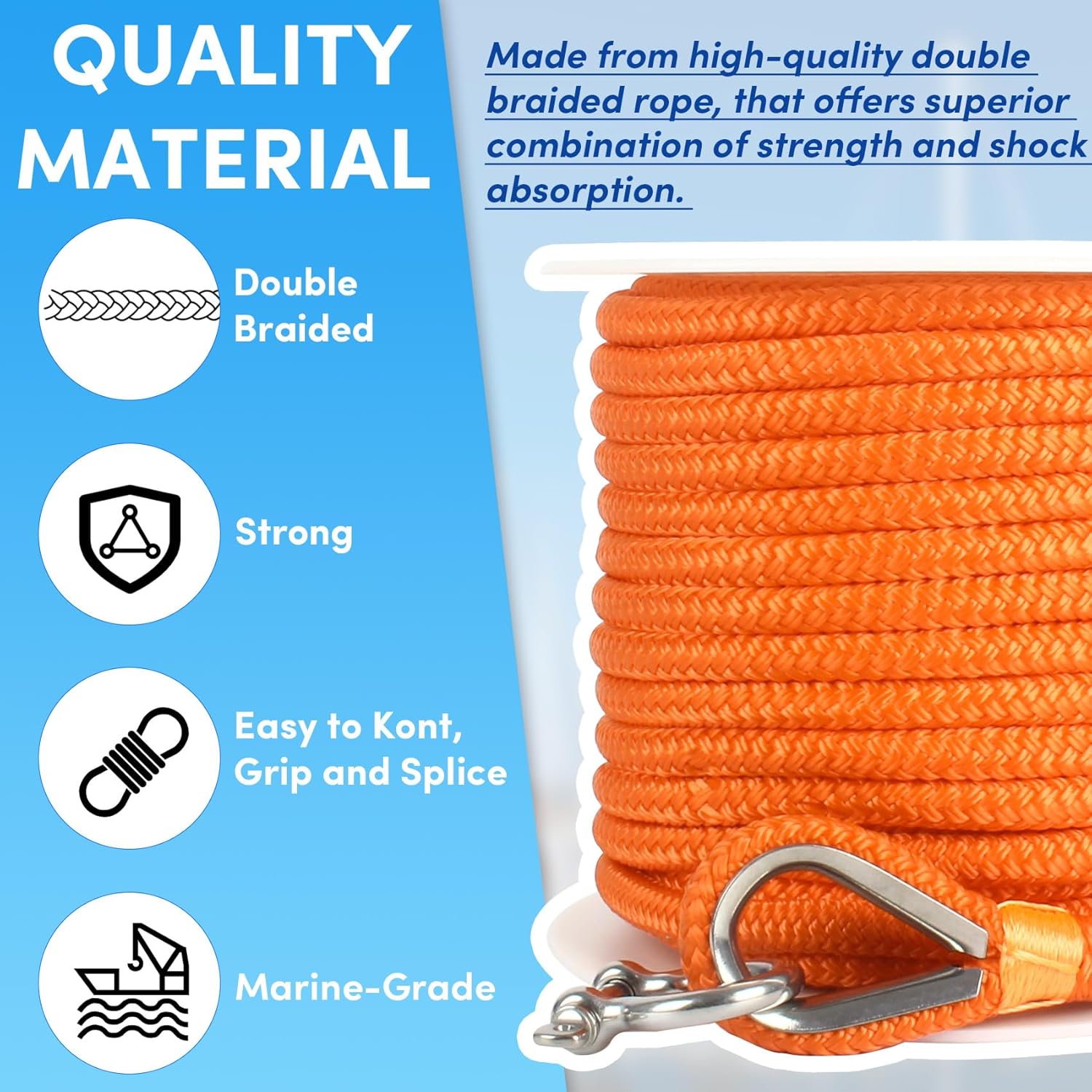 Boat Anchor Rope 100 ft x 1/2 inch Orange, Double Braided Anchor Line with Stainless Steel Thimble & Shackle, Marine Rope Ideal for Towing,Mooring,Decks,Anchoring,for Boats Up to 35'