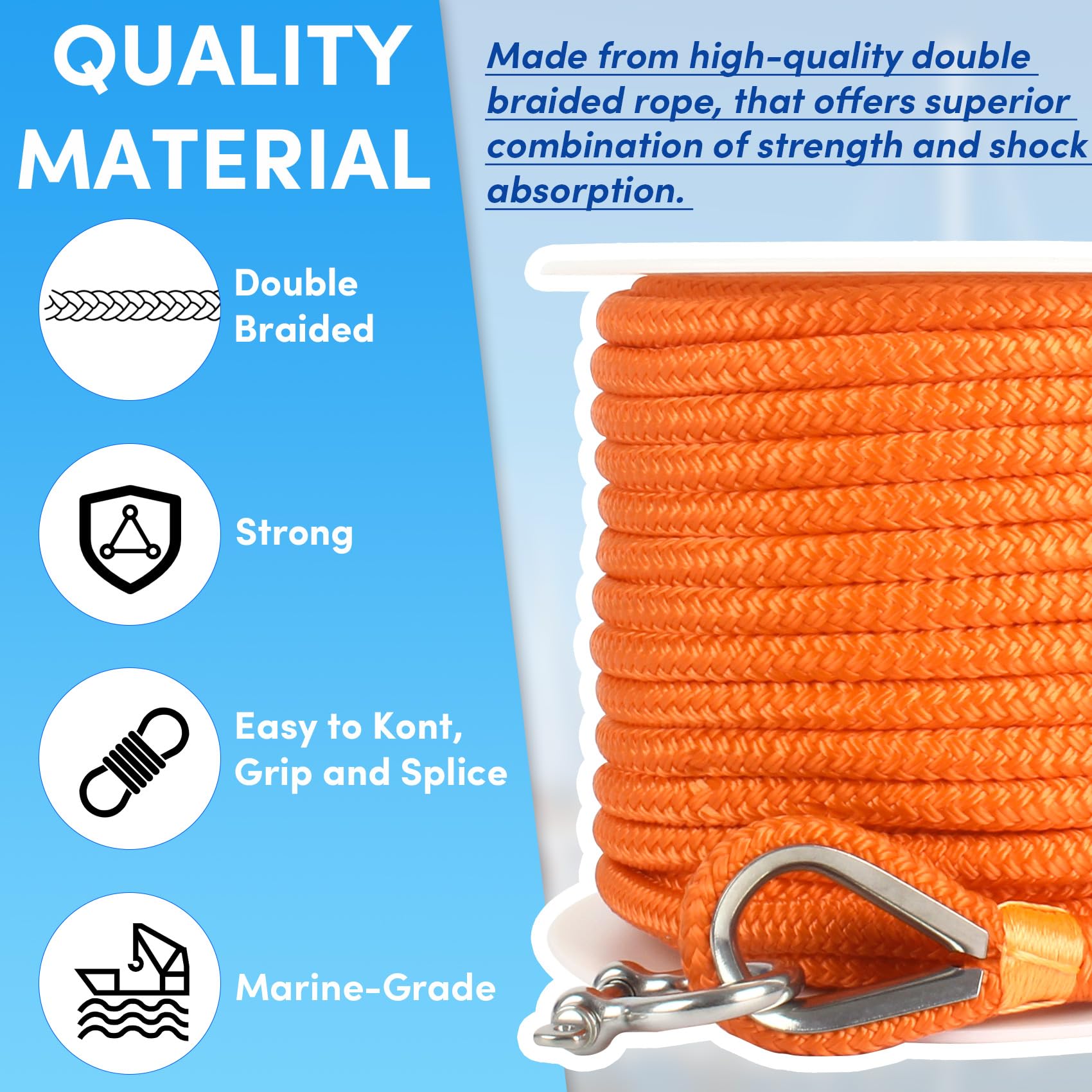 Bootsankerseil, 30,5 m x 1,27 cm, Orange, doppelt geflochtene Ankerleine mit Edelstahl-Fingerhut und Bügel, Marineseil, ideal zum Abschleppen, Festmachen, Decks, Verankern, für Boote bis zu 90