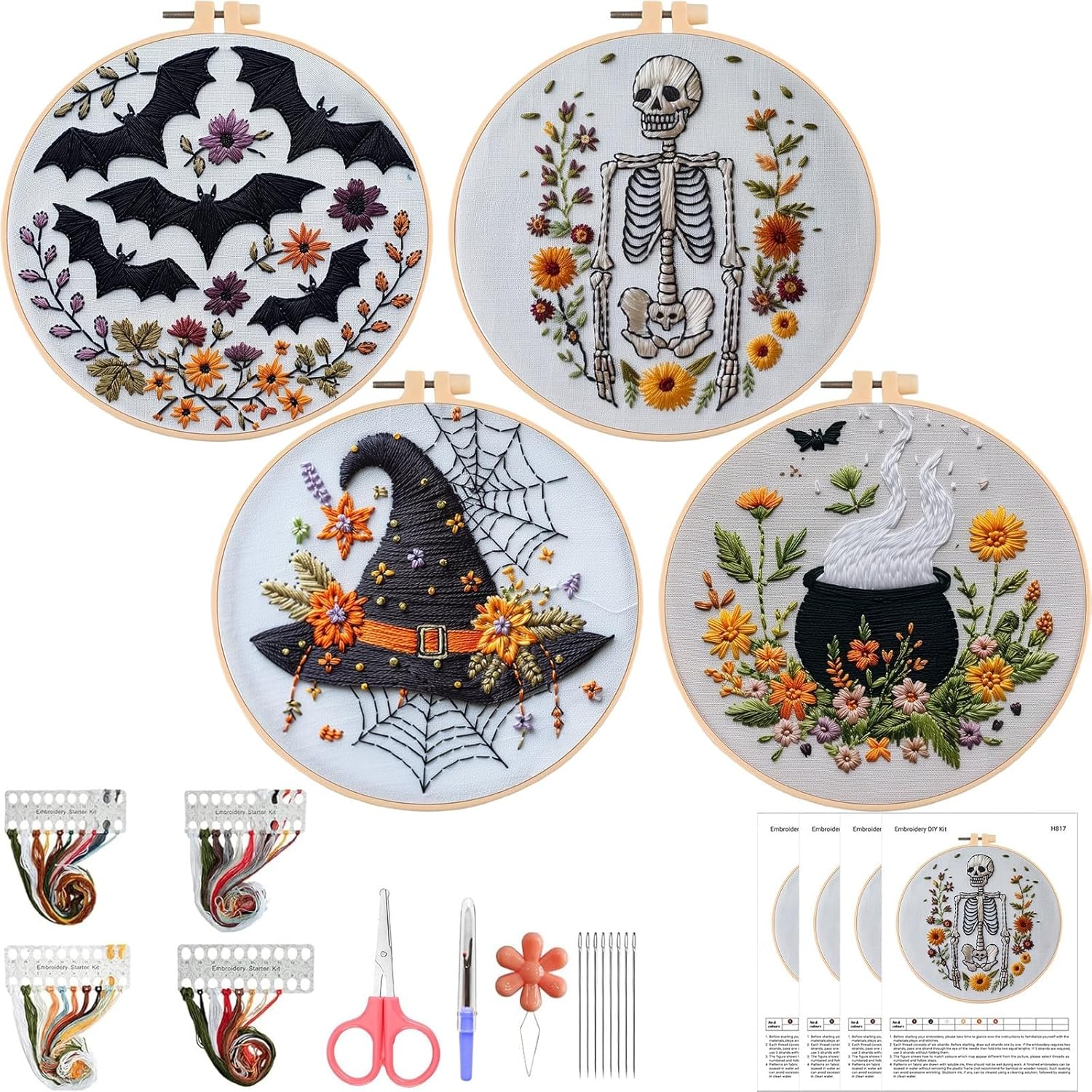 4 Set Halloween Embroidery Kit, Stamped Cross Stitch Kit Needlepoint Kit, Gothic Halloween Embroidery Starter Kit for Beginners Adults, DIY Adult Cross Stitch Kits with Needles and Thread Included