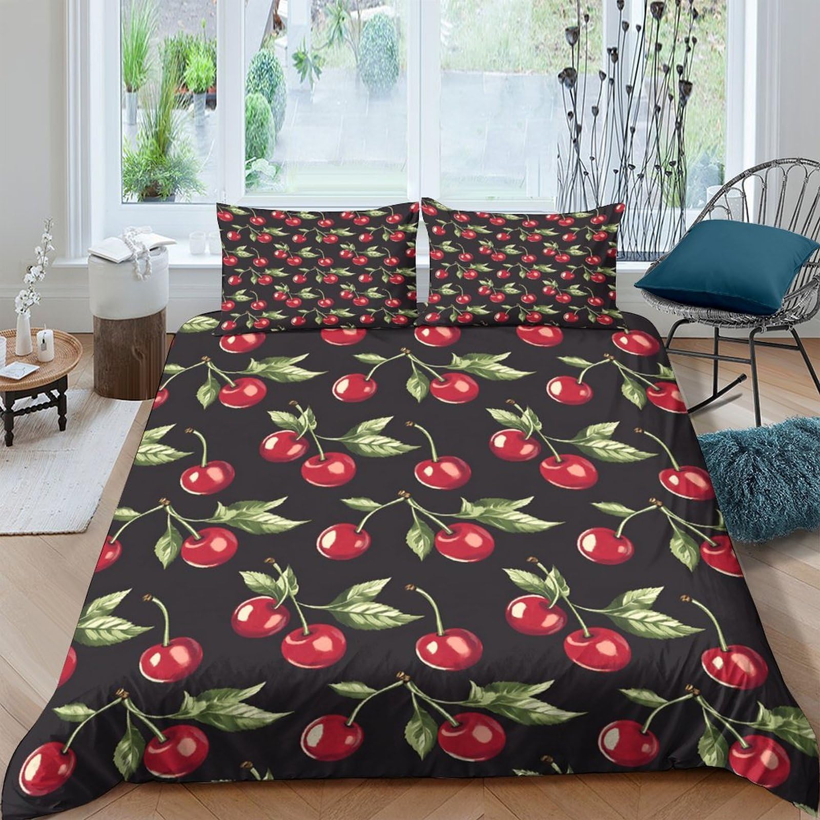 Ctjqhvkz Style-1 3D Printed Cherry Pattern Fitted Sheet Microfiber Black Red Fruit Bed Cover Anti-Slip Machine Washable For Bedroom Guestroom Single（135X200cm）