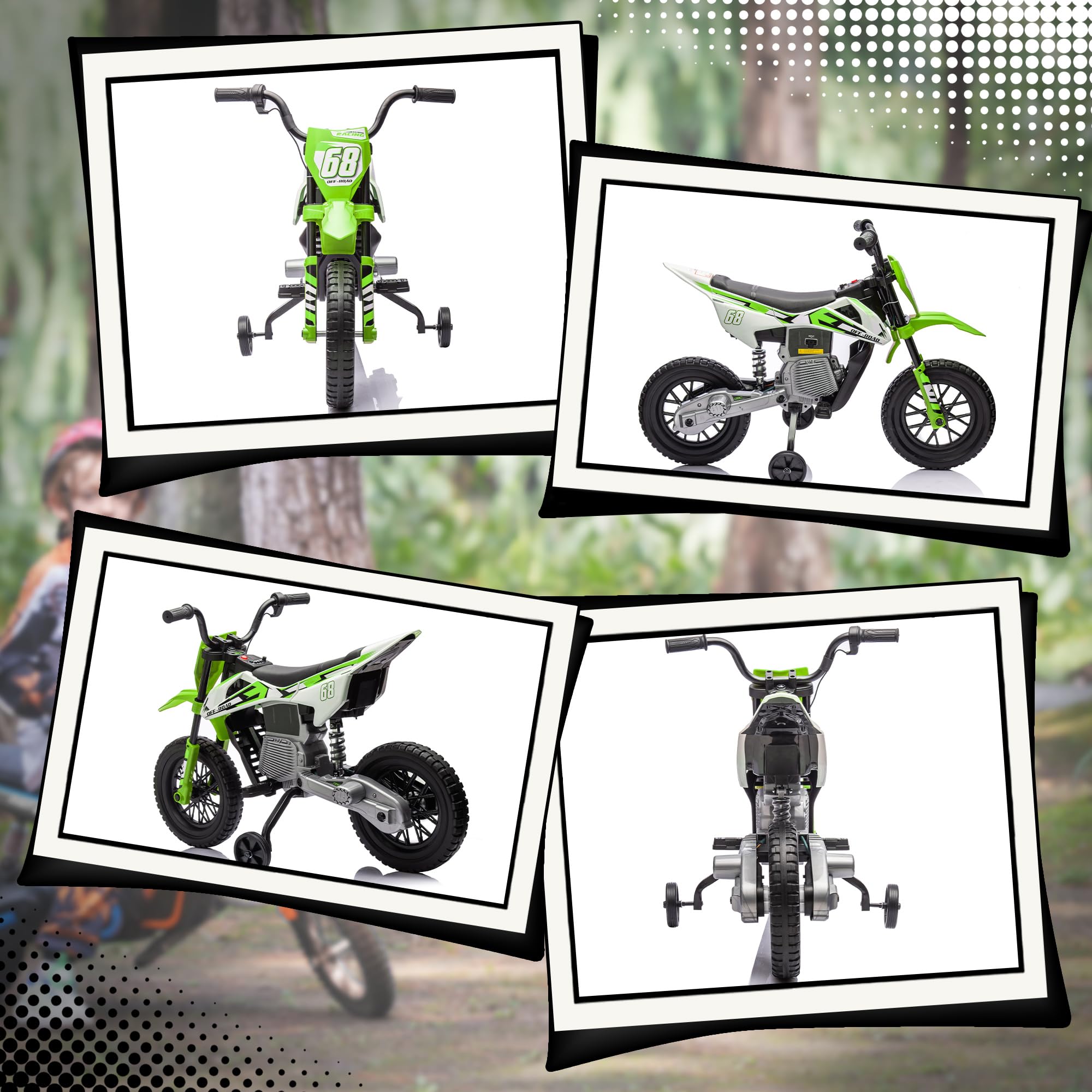 AIYAPLAY Moto électrique Enfants, Moto Cross pour Enfants, 2 Moteurs 12V Puissant, Vitesse Max. 5 km/h, Roues d'entraînement, système de Suspension, Musique, pour 3 à 6 Ans, Vert