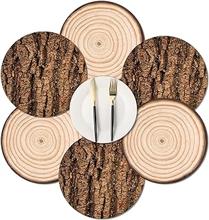 50 Pcs Disposable Wooden Slice Paper Place Mats Round Rustic Brown Table Mats Wood Grain Placemat Bulk for Farmhouse Tan Wedding Baby Shower Birthday Party Table Setting Supplies Decor