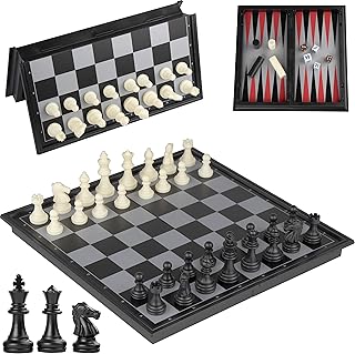 Doublefan Magnetic Chess Set, Travel chess board sets | Backgammon | Draughts Board Game 3 in 1 Set,Magnetic Checker Pieces,Travel Chess Board (25cm board)