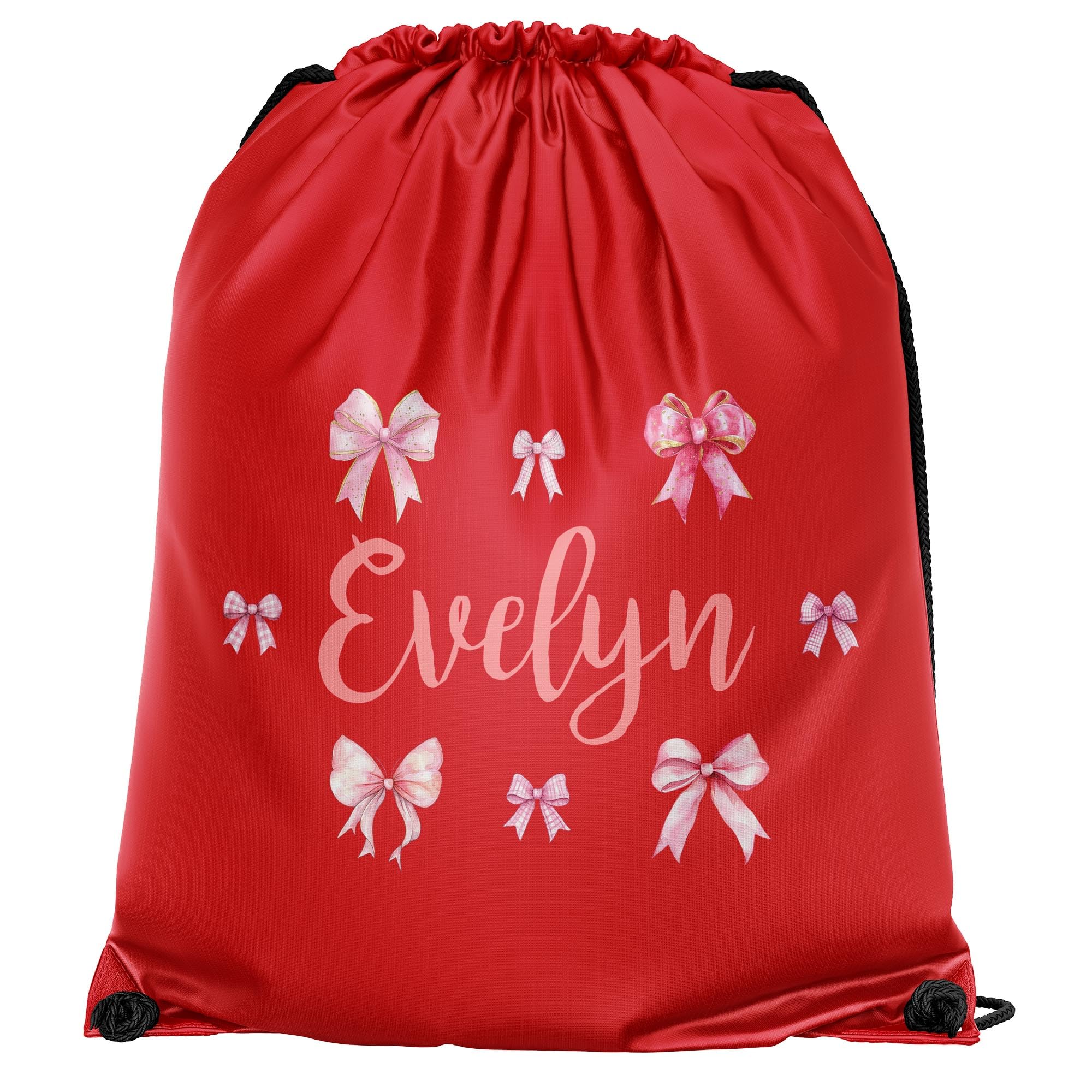 Purple Print House Girls Personalised Bows Drawstring Bag Custom Name Back To School PE Sports Kit Bag Primary Kids Infants New Term Gift, One Size, Red