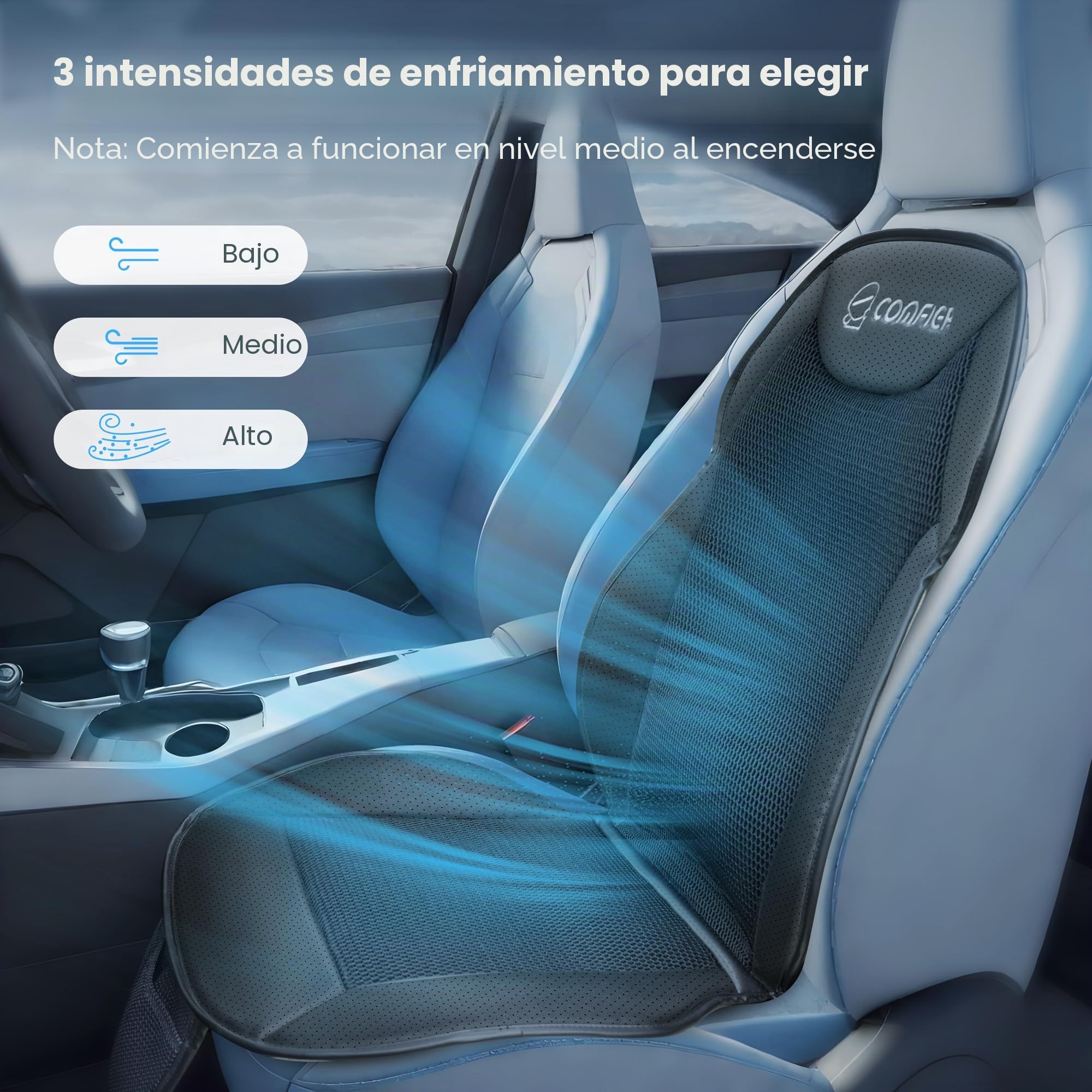 COMFIER 12 V Cojín Refrigerante para el Asiento del Coche, Funda Ventilada para los Asientos Delanteros, Temperatura Regulable, Diseño Universal para Turismos, Furgonetas y SUV, Color Negro