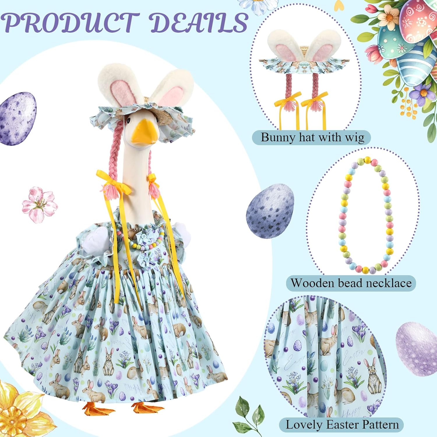 FuWeave 3 Pcs Easter Goose Outfit Bunny Eggs Lawn Porch Goose Clothes for 23" Cement Statue Outdoor Patio Yard Lawn Art Decoration (Rabbit)