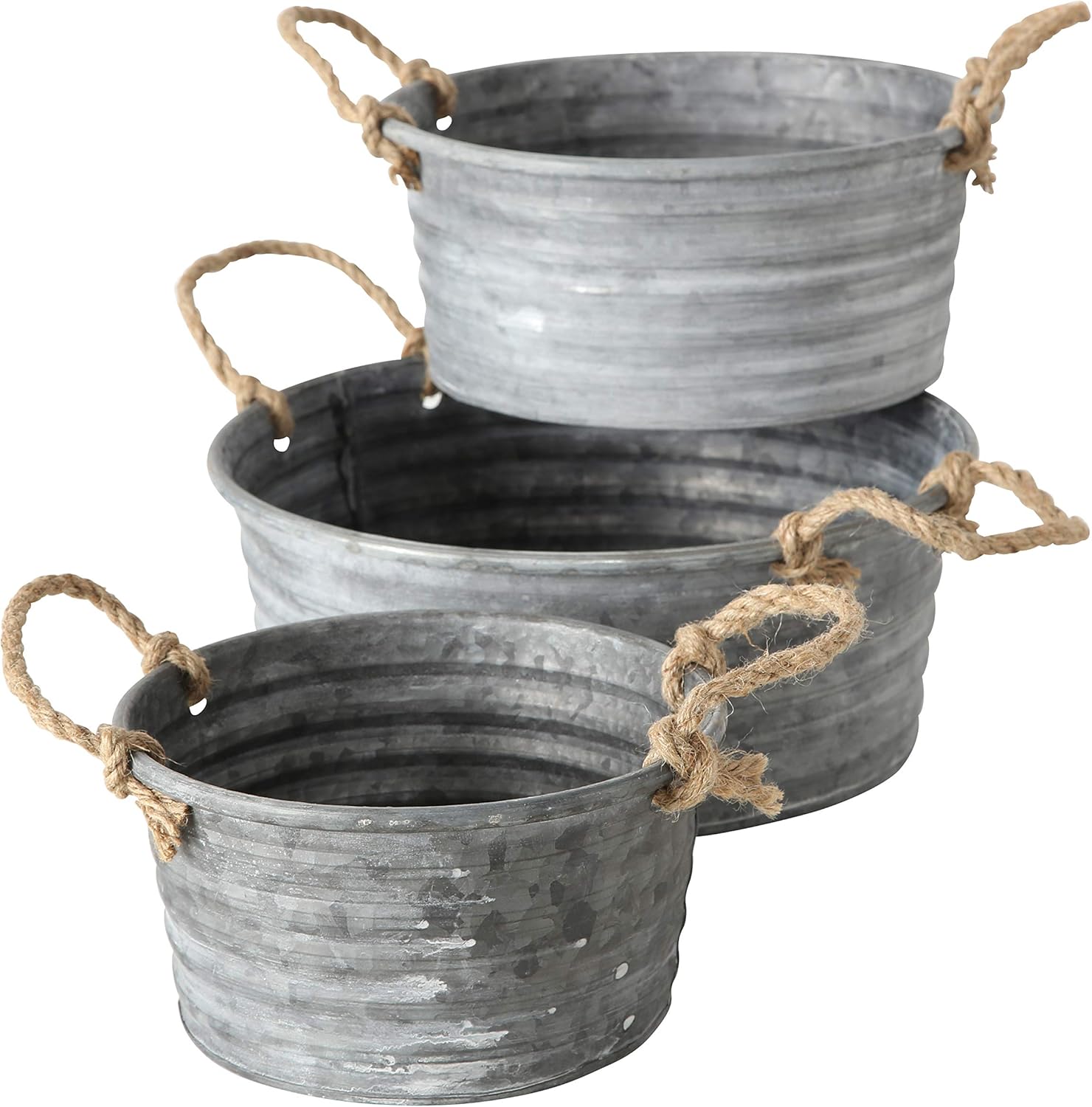WHW Whole House Worlds Farmers Market Chubby Tub Planters, Set of 3, Rope Handles, Galvanized Iron/Zinc, Rolled Top, Corrugated Sides, Rustic Country Style Containers, 12.5, 10.75, and 8.75 Inches