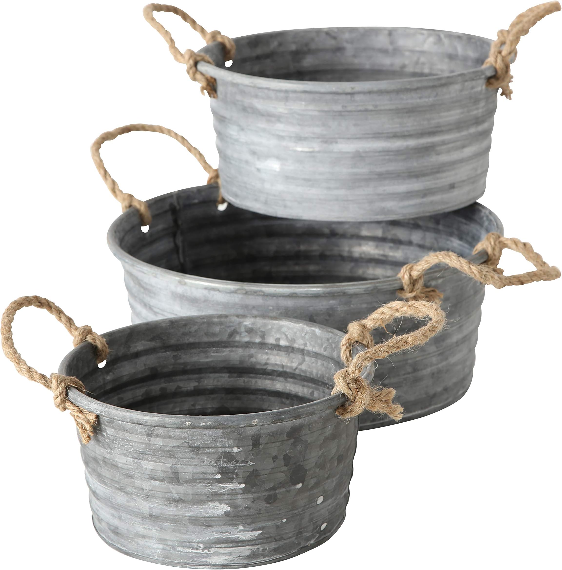 WHW Whole House Worlds Farmers Market Chubby Tub Planters, Set of 3, Rope Handles, Galvanized Iron/Zinc, Rolled Top, Corrugated Sides, Rustic Country Style Containers, 12.5, 10.75, and 8.75 Inches