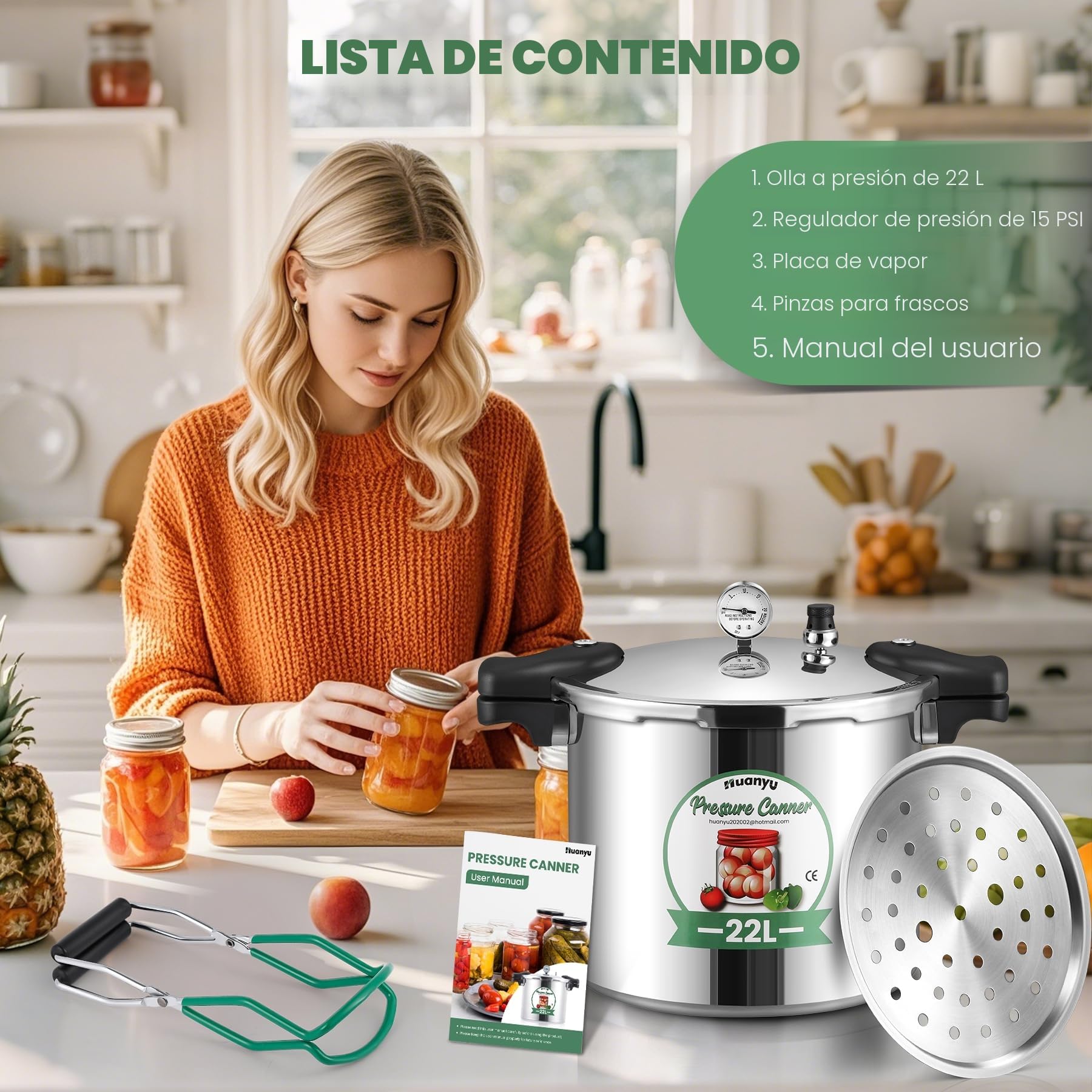 Huanyu Olla a Presión 22L con Manómetro y Peso de Presión 15PSI Esterilizador de latas con base de aleación compatible con cocinas de inducción y gas Conservas a presión