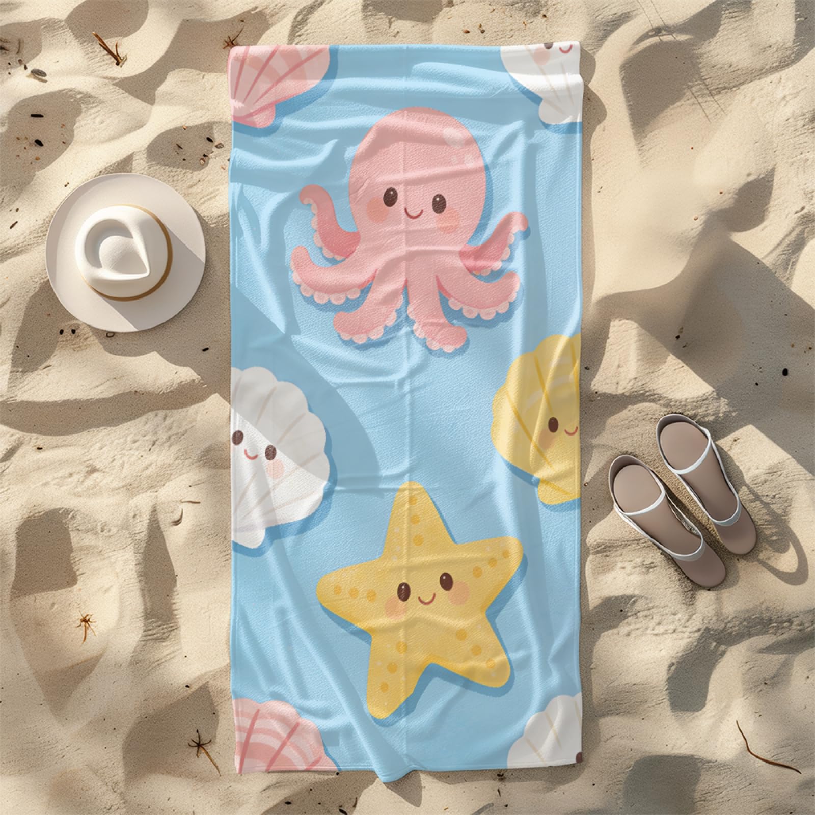 Microfibre Beach Towel 180x90cm Squid Starfish Shells Extra Large Beach Towels Sandproof Quick Dry Foldable Storage for Travel Beach Pool Camping Bathing