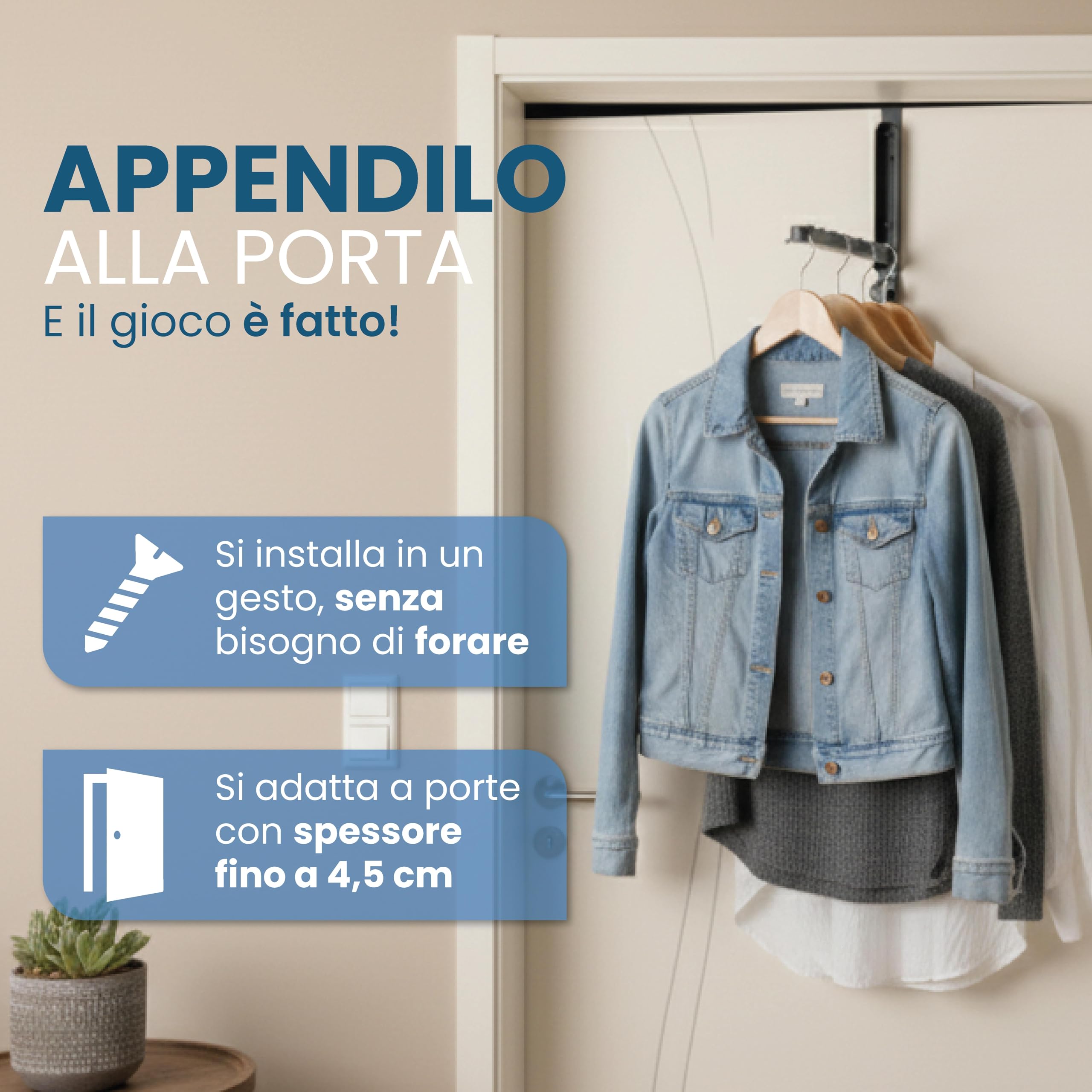 Appendiabiti da Porta Estensibile Senza Forare Salvaspazio Nero Porte 4,5 cm