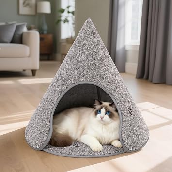 BEQHAUSE Cat Beds for Indoor Cats, Cat Cave Bed with Non-Slip Bottom, Anti-Scratch Cat House Cat Tent for Kittens and Small Dogs, Foldable Kitten Hideaway Machine Washable,22.8 * 22.8 * 20.8in, Grey
