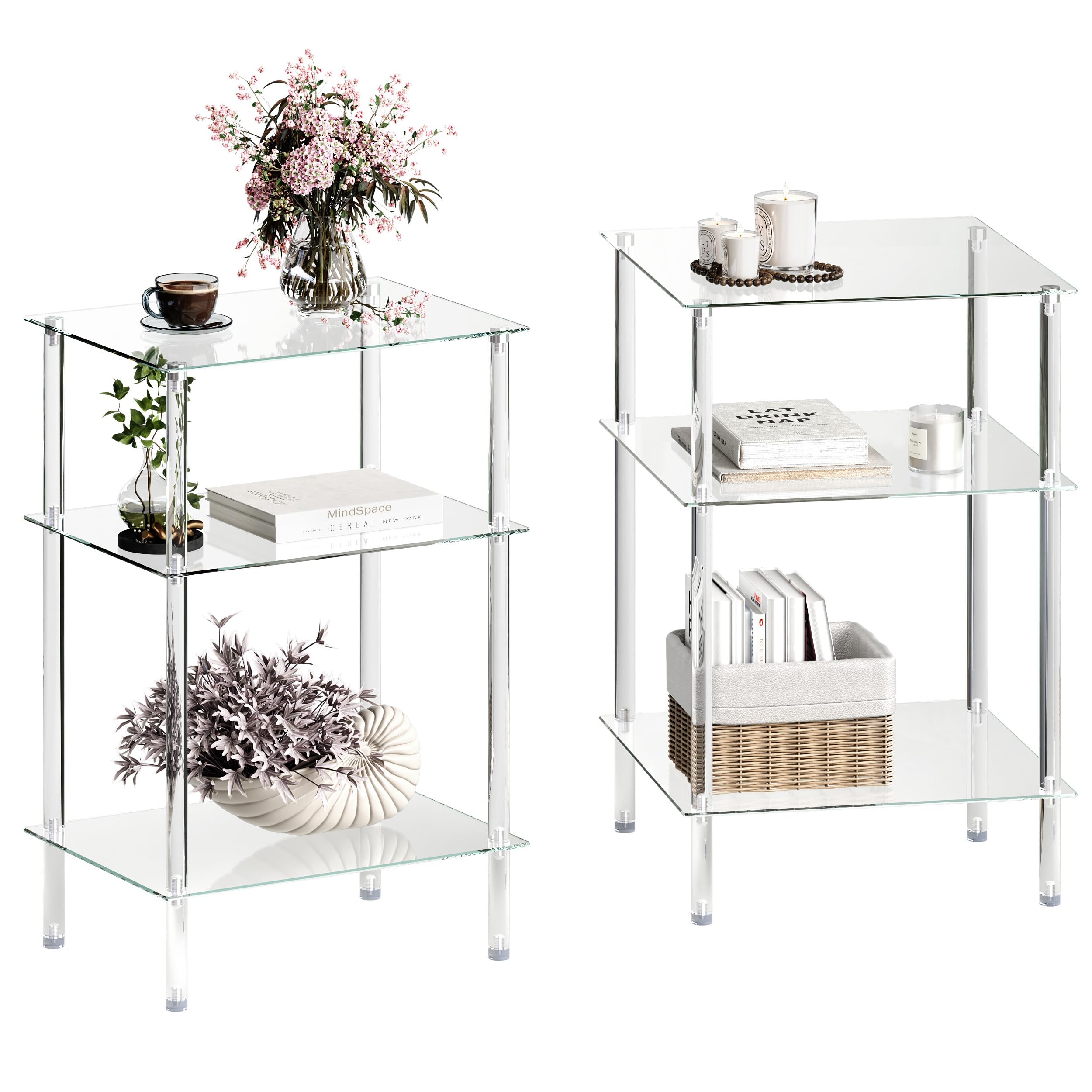 Photo 1 of Tempered Glass Side Tables Set of 2 Acrylic End Table with 3 Storage Shelve transparent Bedside simplicity clear 3-Tier Nightstands small Spaces Office Bedroom Living Room Study Transparent ET-008TR3T