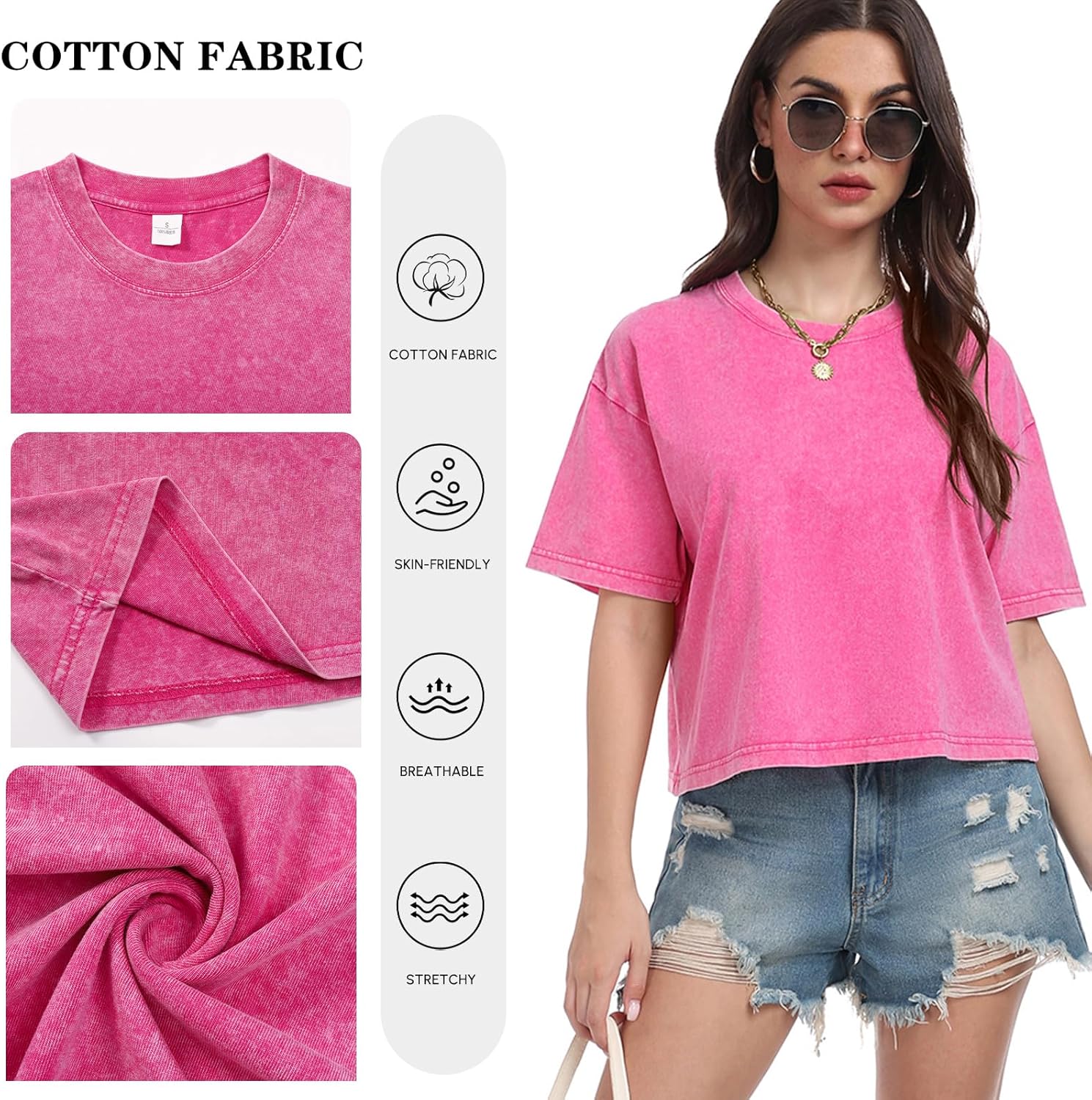 Womens Cropped Tops Acid Wash Short Sleeve T-Shirt Baggy Cotton Tee Vintage Round Neck Basic Tees Casual Shirts - Image 2