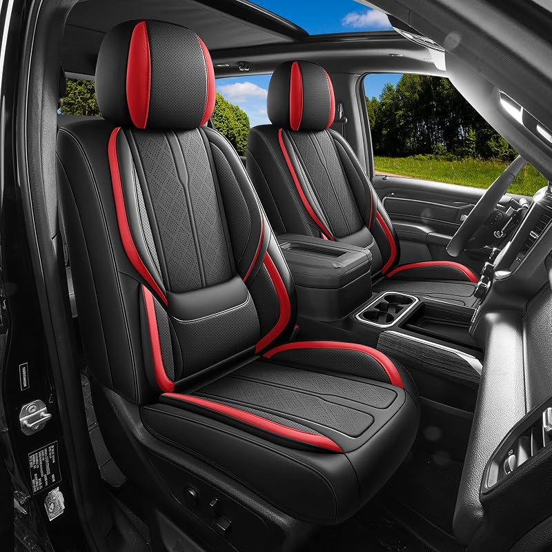 Capa para Banco de Carro sob Medida AOOG para Chevy Silverado e GMC Sierra 2007–2026, Cabine Crew Cab, Double Cab, Extended Cab e Regular Cab, Couro Sintético Preto e Vermelho, Jogo Completo