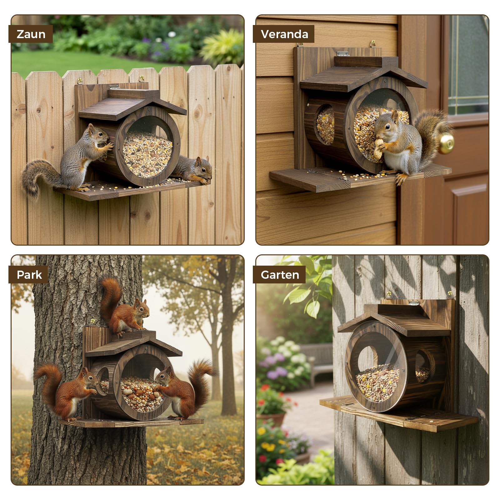 Eichhörnchen Futterhaus aus Holz, wetterfestes Dach, transparentes Fenster, für Bäume und Zäune