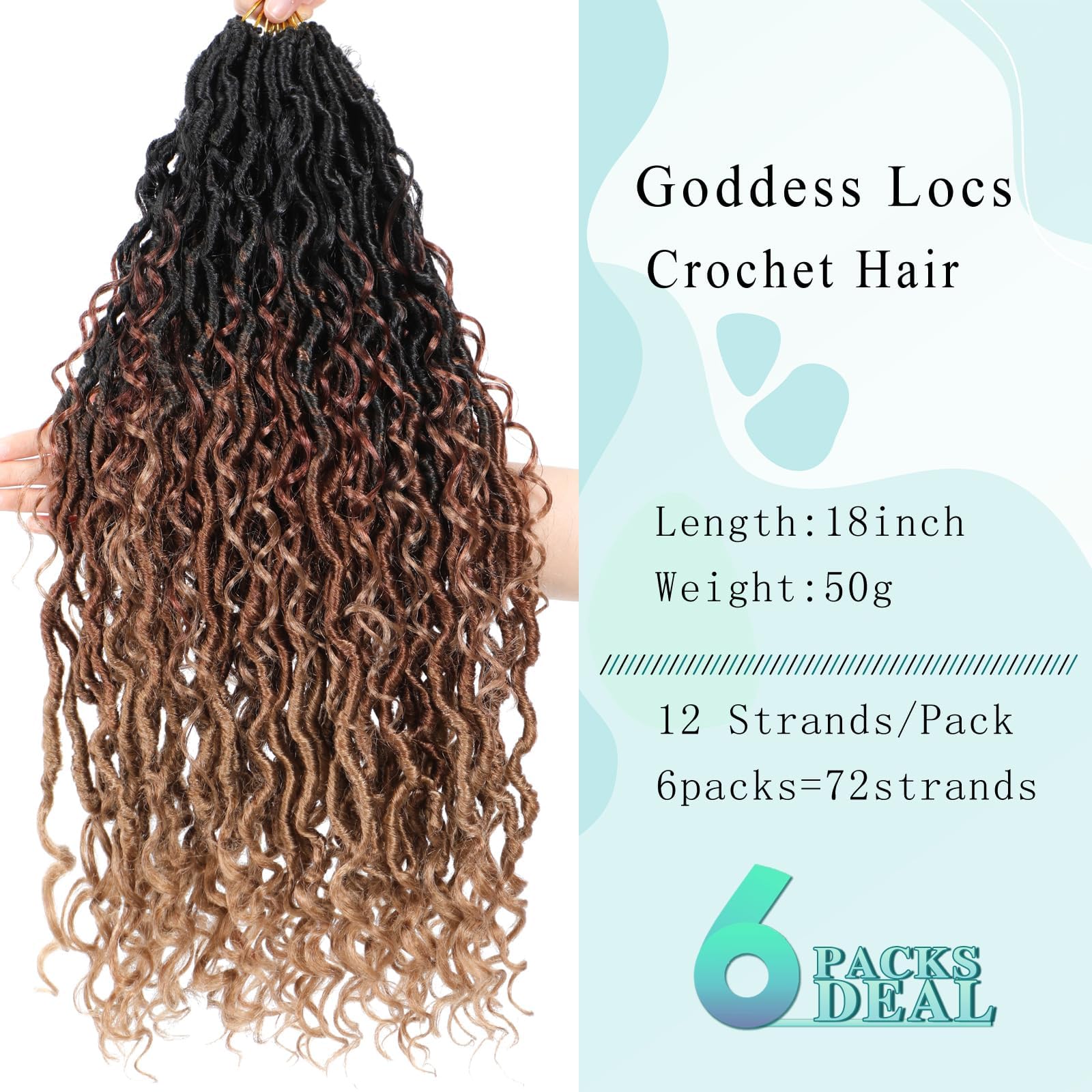 Goddess - Set di 6 ganci per capelli finti per donne nere, per capelli gessetti all'uncinetto, stile Boho locs, fiume Locs Crochet Hair with Curly Ends (18 pollici, 1b/30/27 #, 6 pezzi)