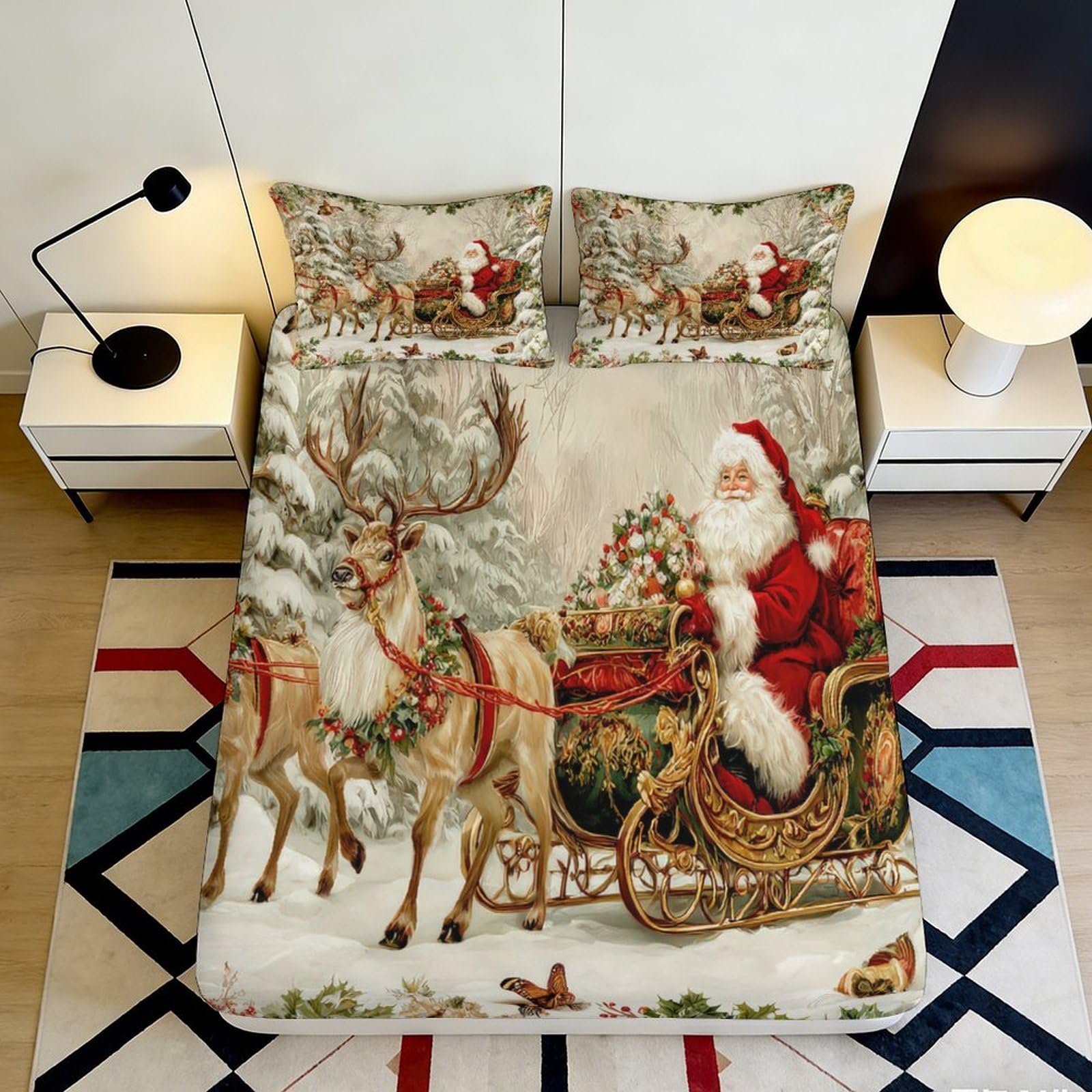 3D Printed Santa Sleigh Fitted Sheet Microfiber Christmas Reindeer Bed Cover for Bedroom Guest Room Decor 90x200x25cm