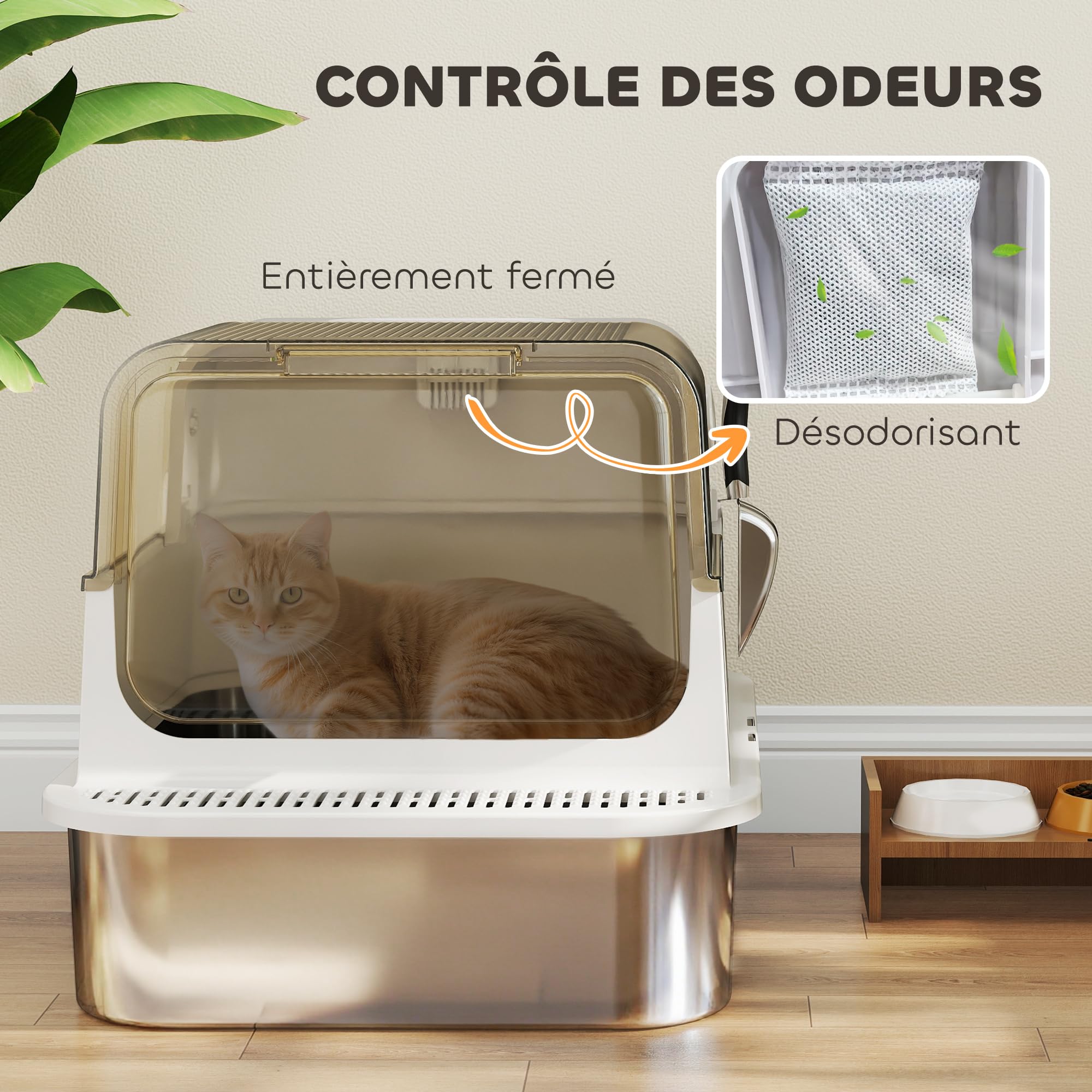 PawHut Bac à litière pour Chat fermé avec Pelle 70 x 50 x 46,5 cm Blanc | Maison de Toilette pour Chat, Acier Inoxydable, Couvercle Ouvrable, Anti-Fuite, Nettoyage Facile