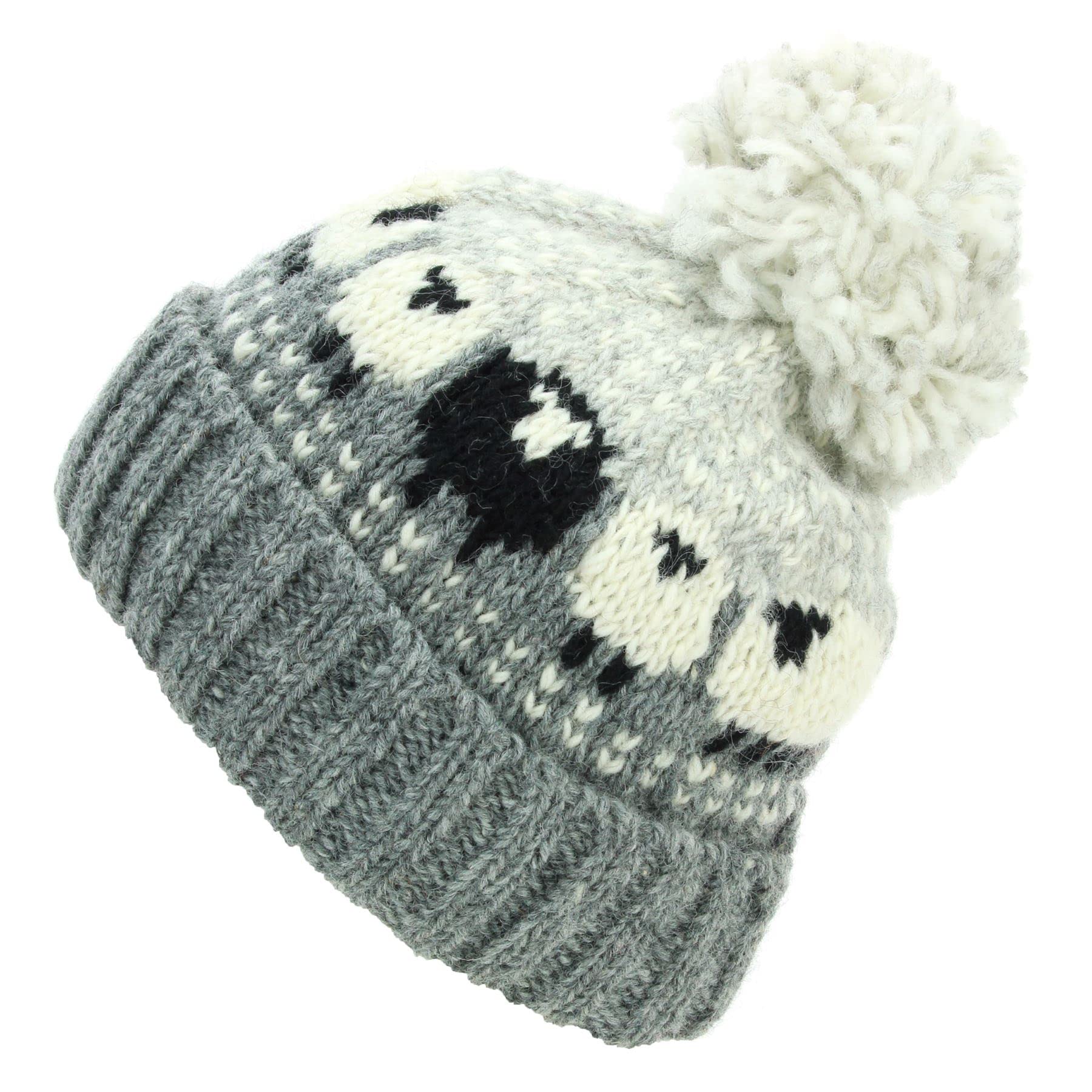 Loudelephant Grey Hand Knitted Wool Beanie Bobble Hat - Sheep