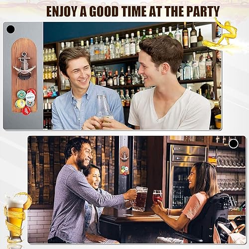 Miniatura 7 de LUCYLANKER Abrebotellas de cerveza montado en la pared con receptor de tapa magnética, abrebotellas magnético de madera para refrigerador, regalos