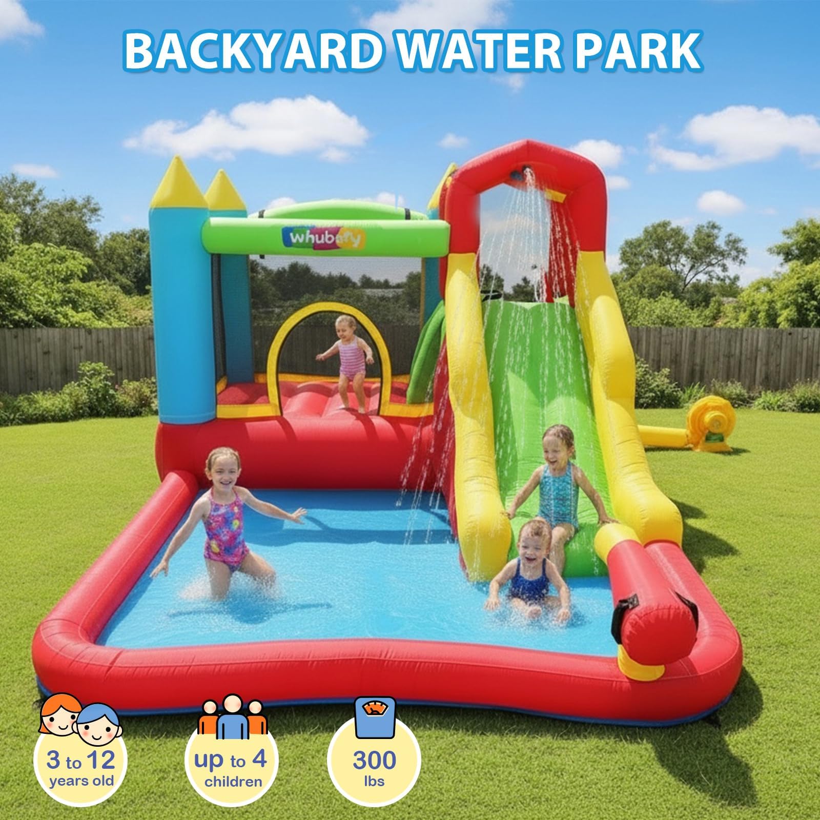 Castello gonfiabile per bambini,Con Scivolo,Castello d’Acqua Set, Trampolino, Piscina e Canestro da Basket, ottimo regalo per la festa in giardino nel parco acquatico, con ventilatore