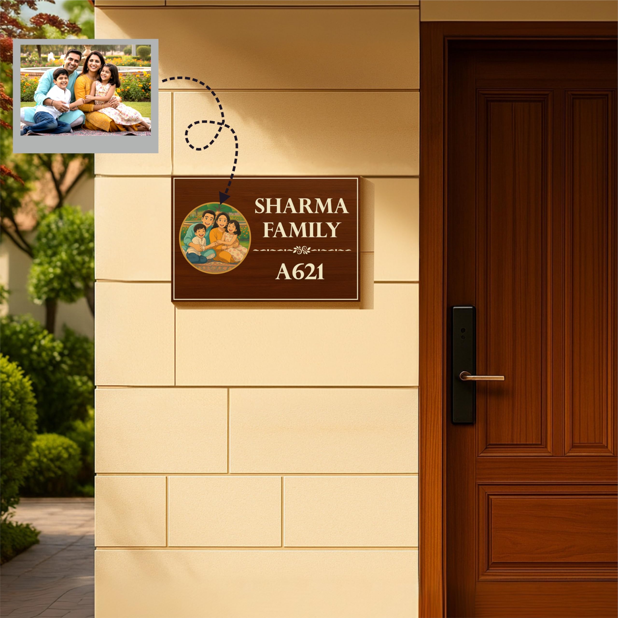 ZOCI VOCI Colorful Welcome- Personalized Name Plate with Photo | Best Housewarming Gift (Wood Finish Acrylic Family Name Plate)-image-6