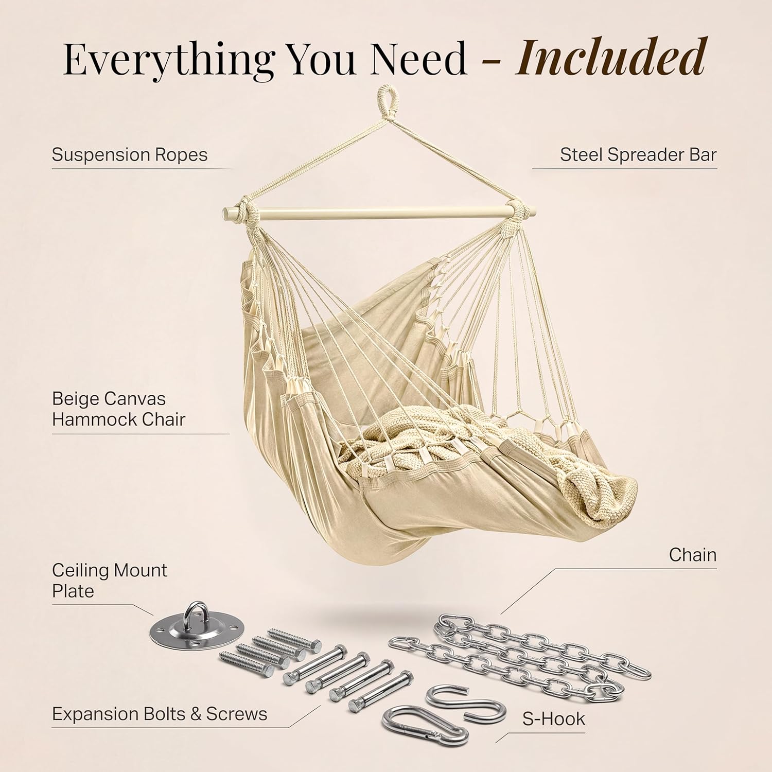 Indoor Hanging Chair for Bedroom, Patio, Porch or Room - Hammock Swing Chair - Outdoor & Indoor Swing for Adults - Quick & Easy Setup with Hardware Kit – Spacious Full Body Support – Holds 440 Lbs - Image 6