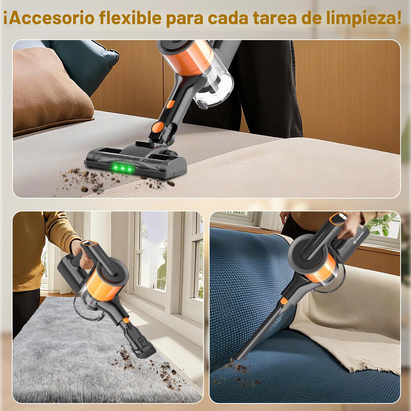 Hearten Aspiradora sin Cable, 48000Pa/450W/60Min, Aspiradora Ligera con Pantalla LED, Cepillo Anti-Enredos V, 60dB Silenciosa, Control One-Touch, para Alfombras, Suelos Duros y Pelo de Mascotas