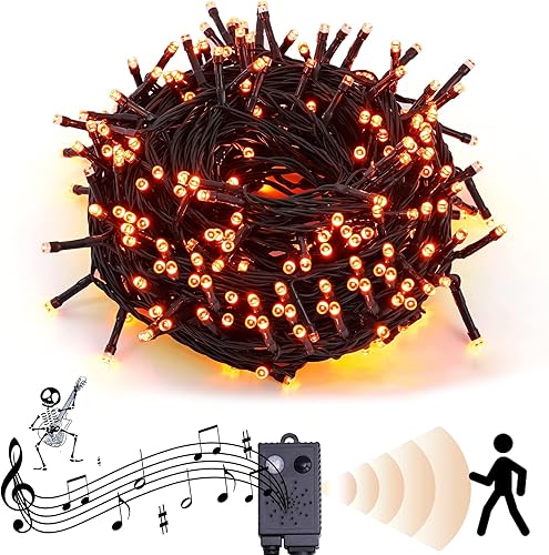 Miniatura 7 de Luces de Halloween para exteriores de 114.8 pies, 300 luces LED con sincronización de música, sonidos espeluznantes, decoraciones de Halloween,