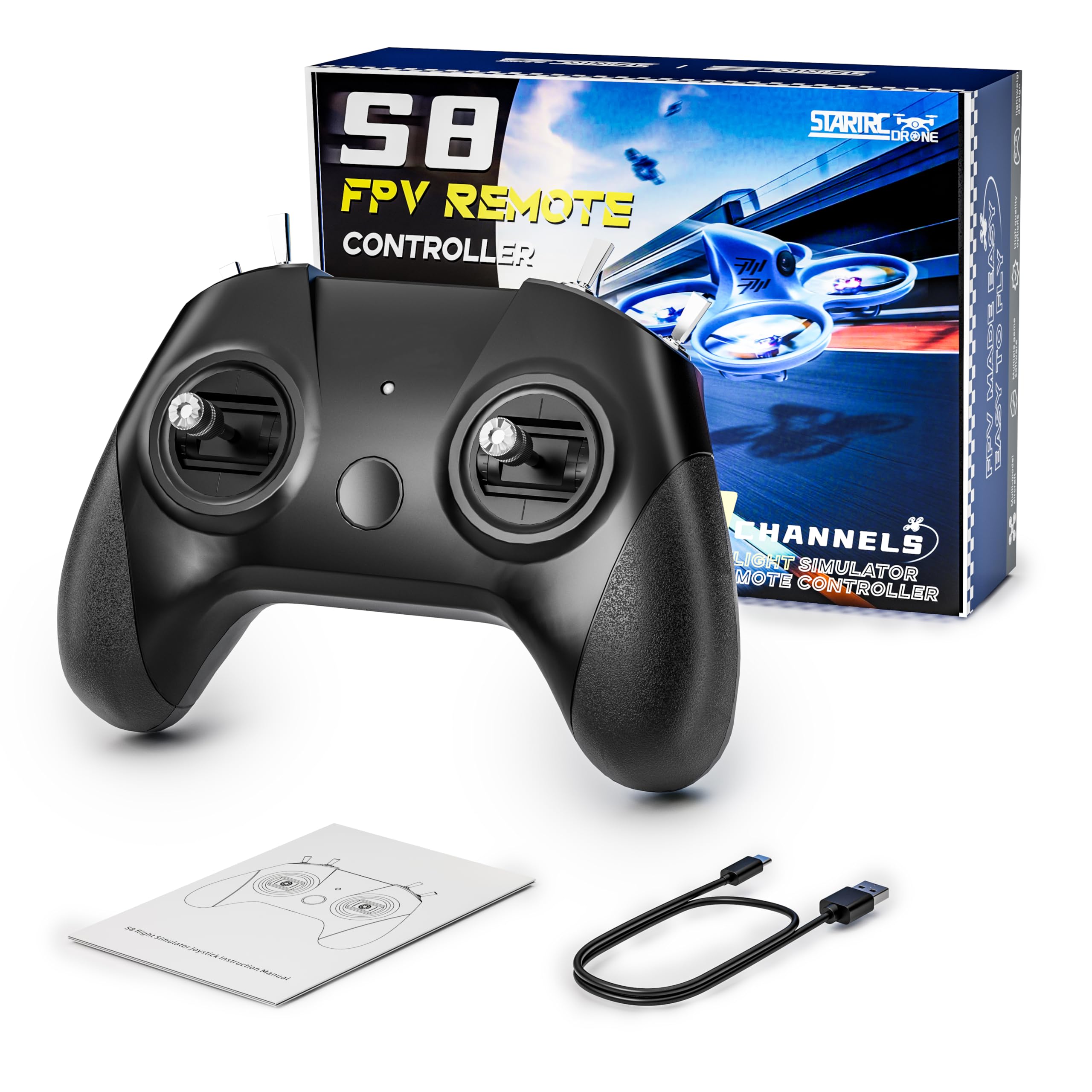 STARDRONE Telecomando Simulatore Volo Drone S8 8 Canali per Giochi FPV Drone, Supporto Sistemi & Piattaforme Popolari Piloti Principianti e Professionisti (Moda (Nero)