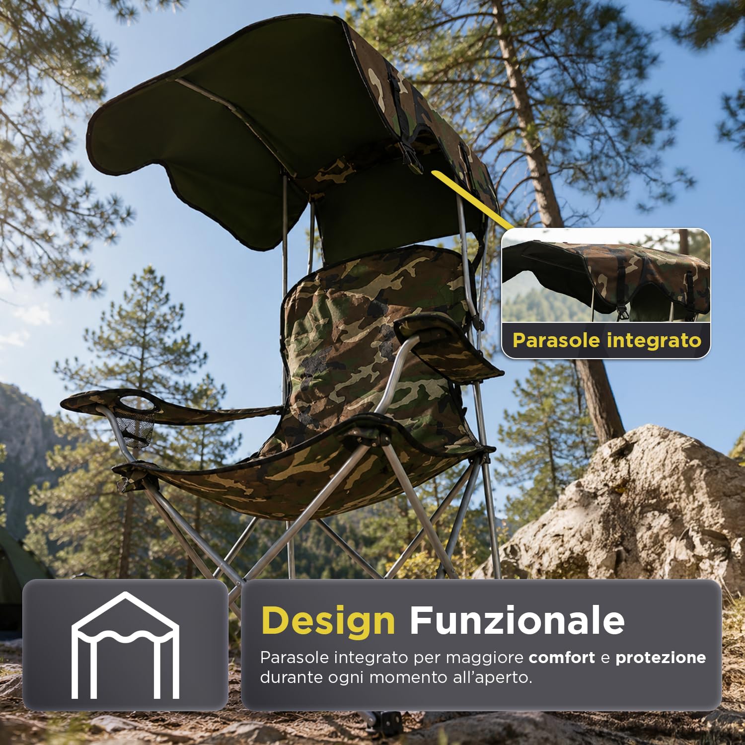 Avilia - Sedia da Campeggio Pieghevole con Tettuccio Parasole – Tessuto Oxford e Acciaio al Carbonio, 120 kg | Sedia Pieghevole Campeggio Camouflage, Aperta L53×P77×A130 cm – Chiusa L19×P19×A87 cm