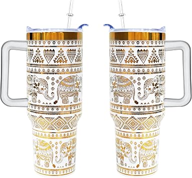 40 oz Elephant Laser Engraving Tumbler With Handle With Lid Straw Double Insulated Travel Coffee Cup Elephant Travel Accessories Must Have Gifts For Women