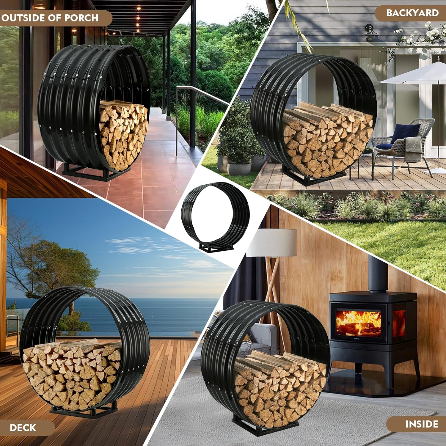 Round Heavy Duty Firewood Rack – Galvanized Wave-Shaped Steel with 4 Sturdy Legs – 0.8mm Thick Black Coated – Indoor or Outdoor Wood Holder for Fireplace,Patio & Deck Fire Pit (2.7FT Diameter+Base)